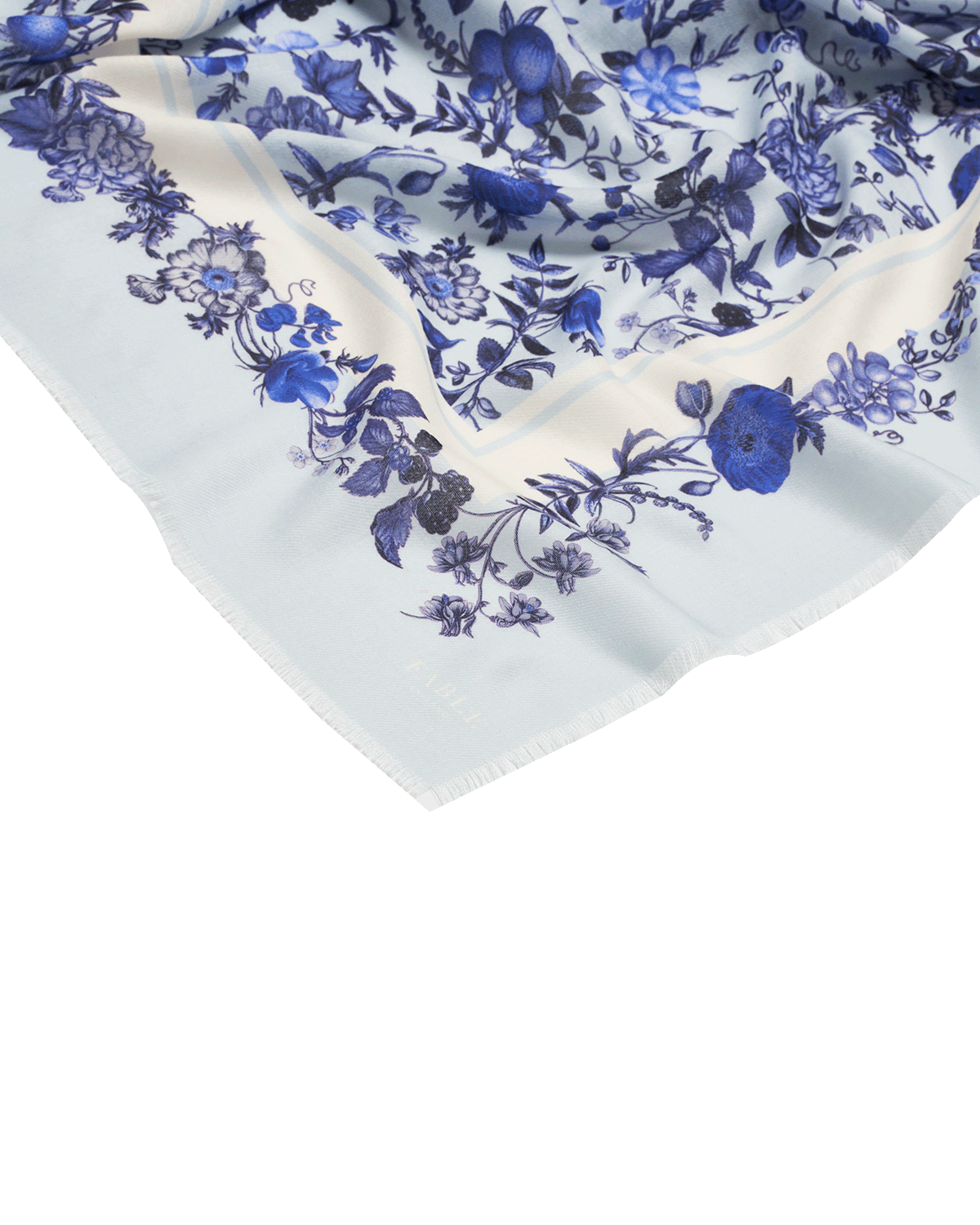 Blue and white floral printed scarf detail