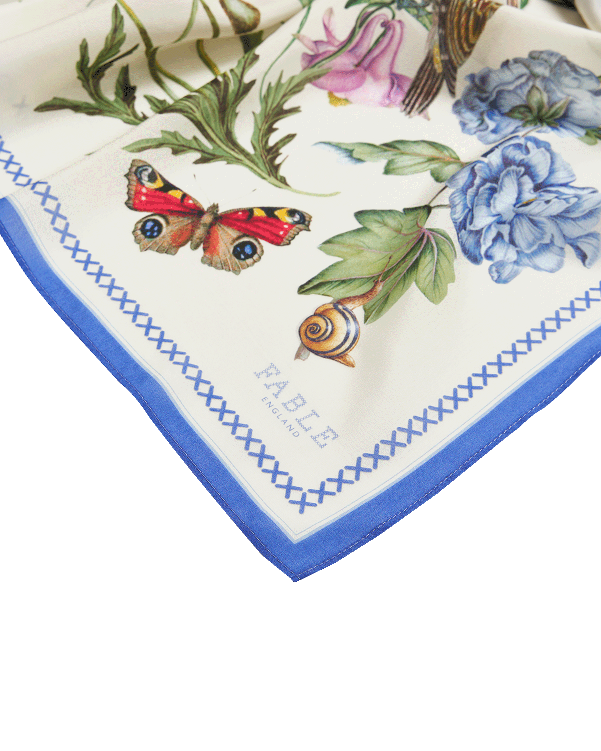 Foulard with floral and butterfly design on a white background