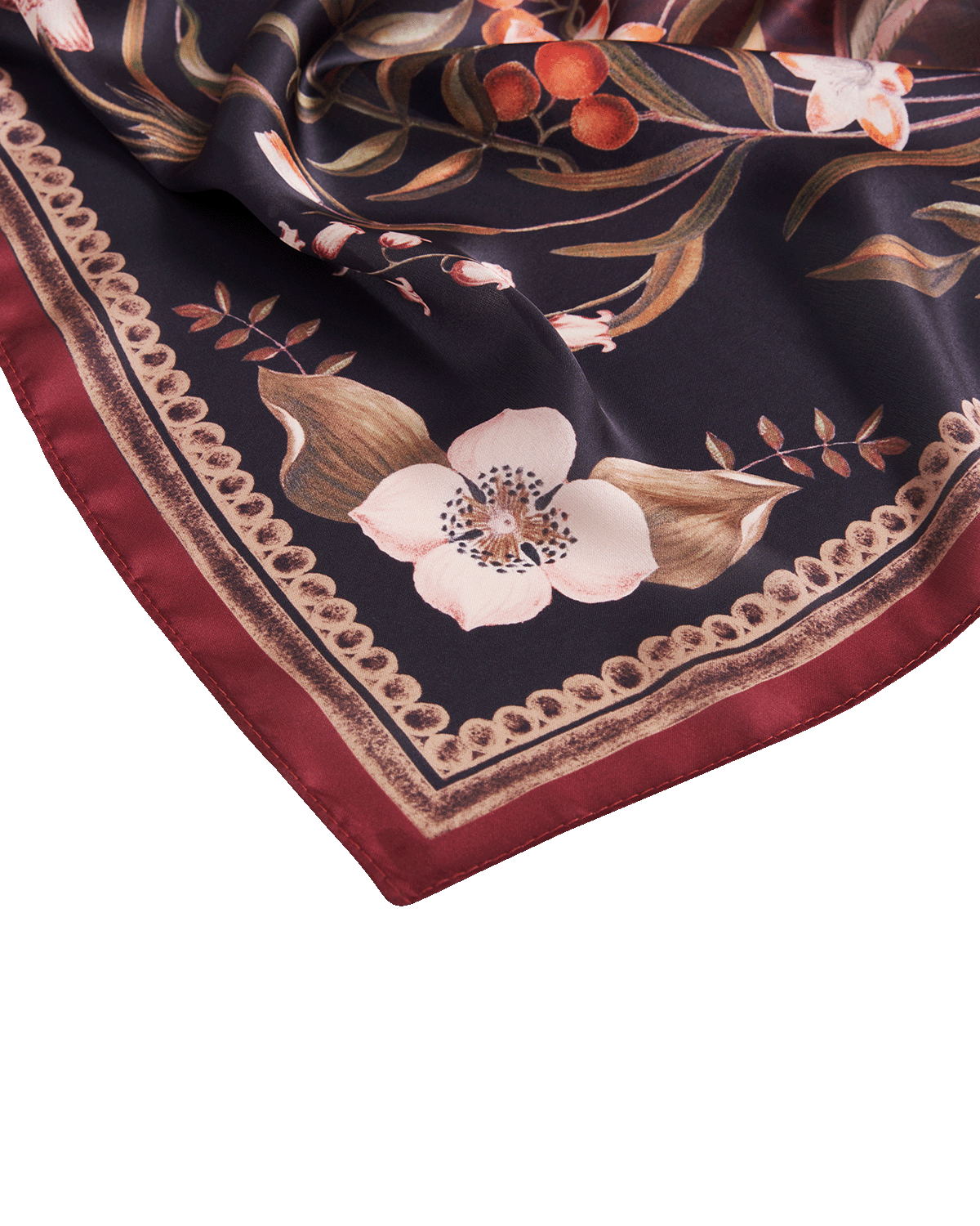 Floral patterned fabric with a dark background and red border