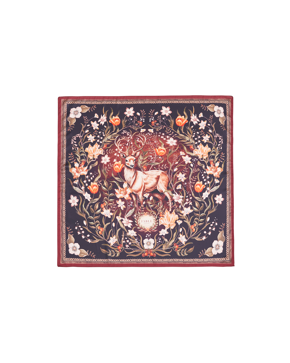 Decorative scarf with a stag and floral design on a white background