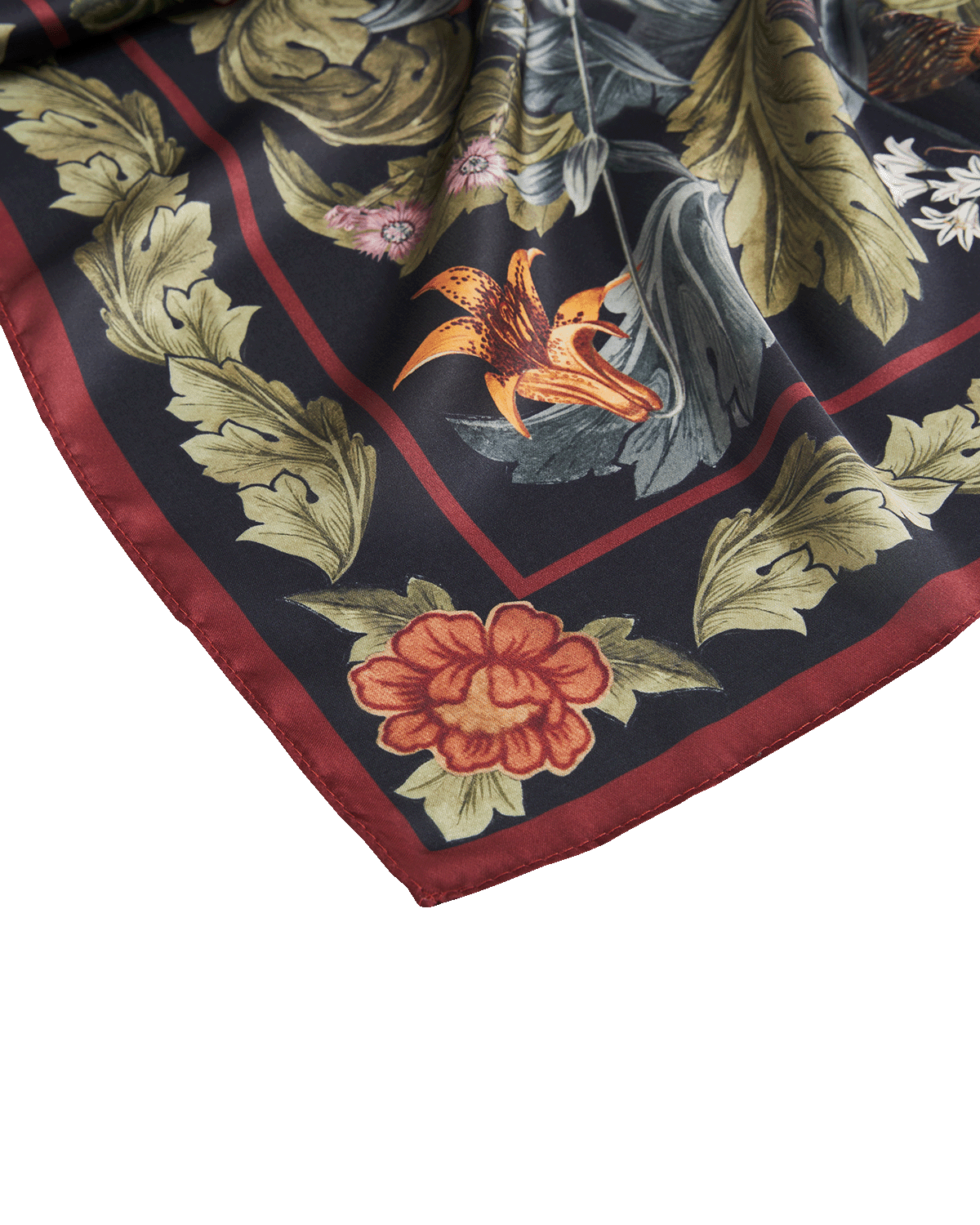 Decorative scarf with floral and leaf patterns on a dark background