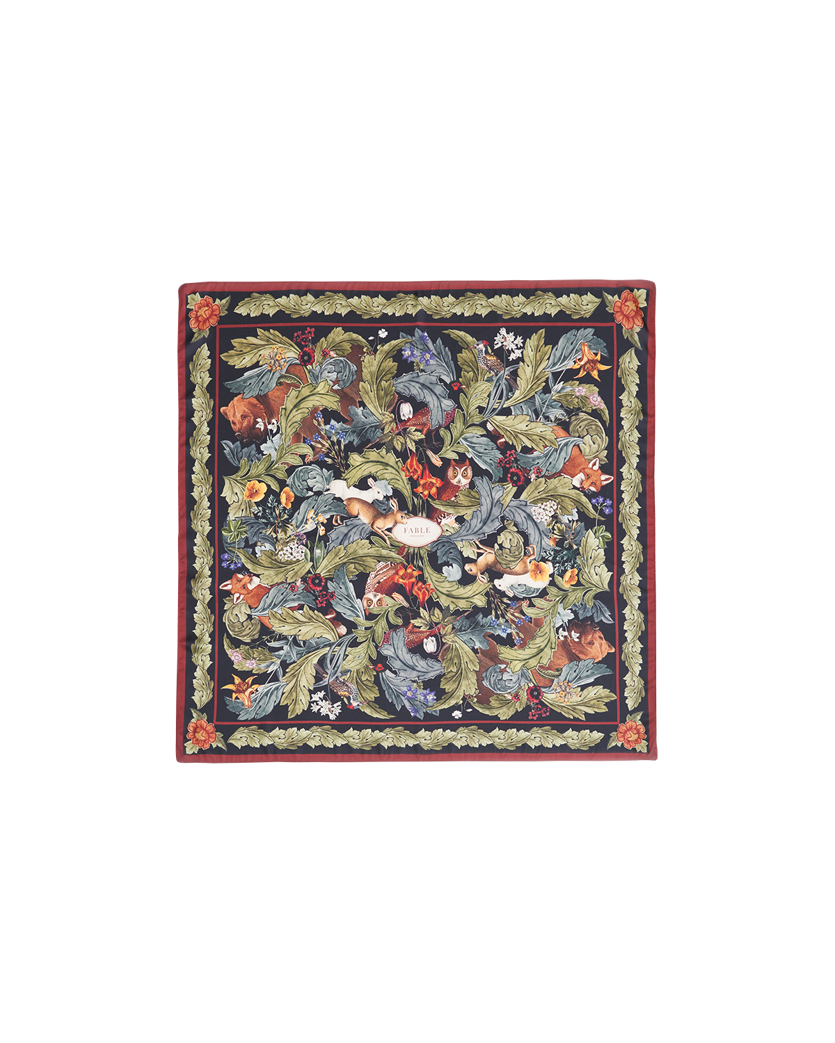 Decorative square scarf with intricate patterns on a white background