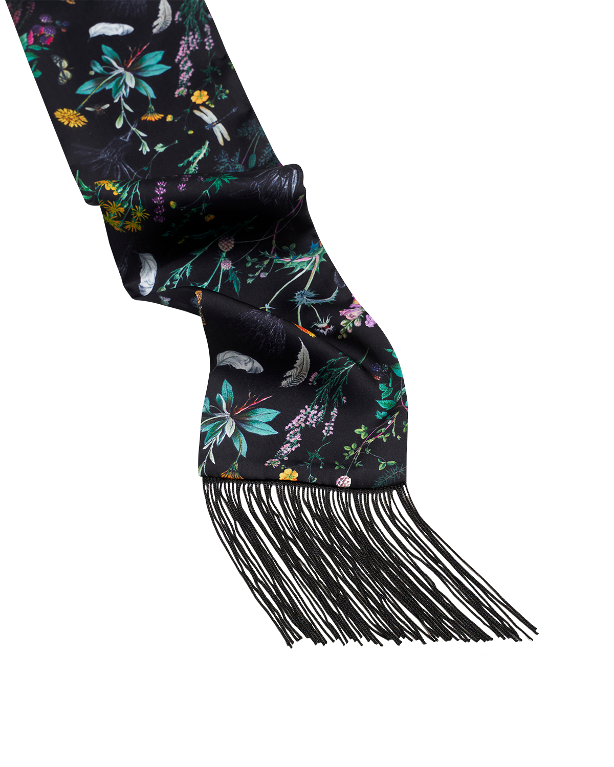 Scarf with floral and feather pattern on a white background