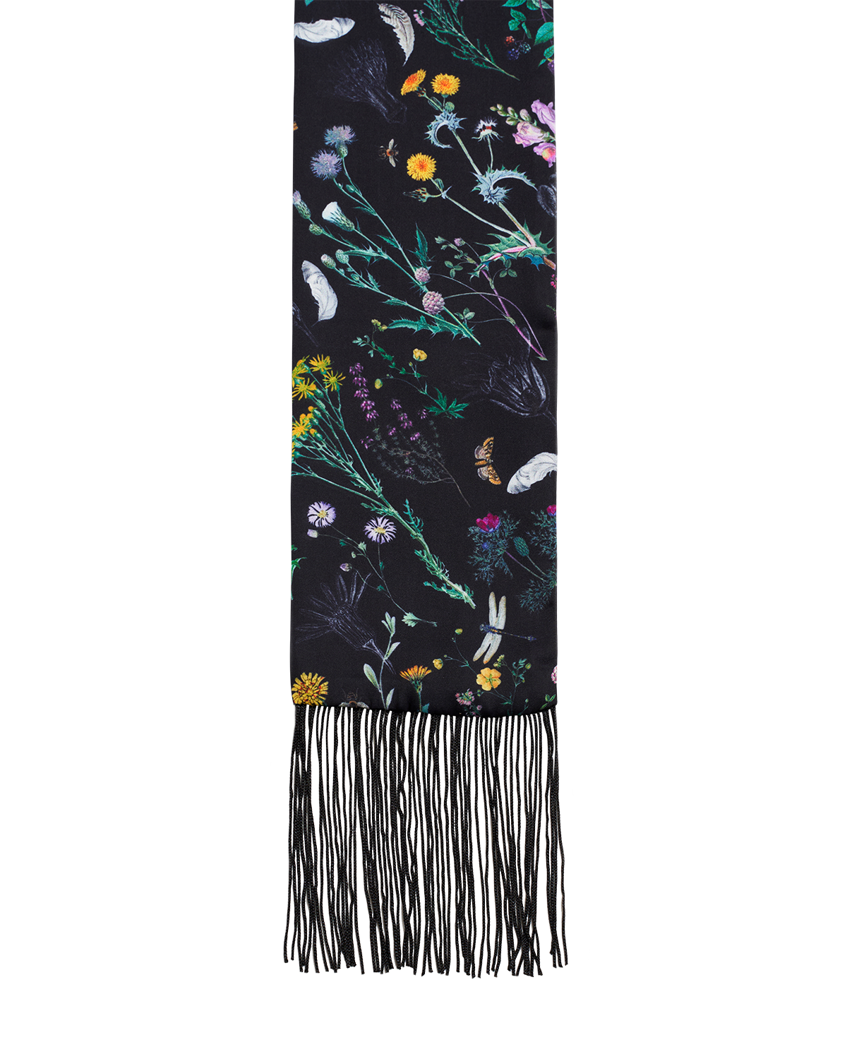 Scarf with floral and butterfly design on a black background