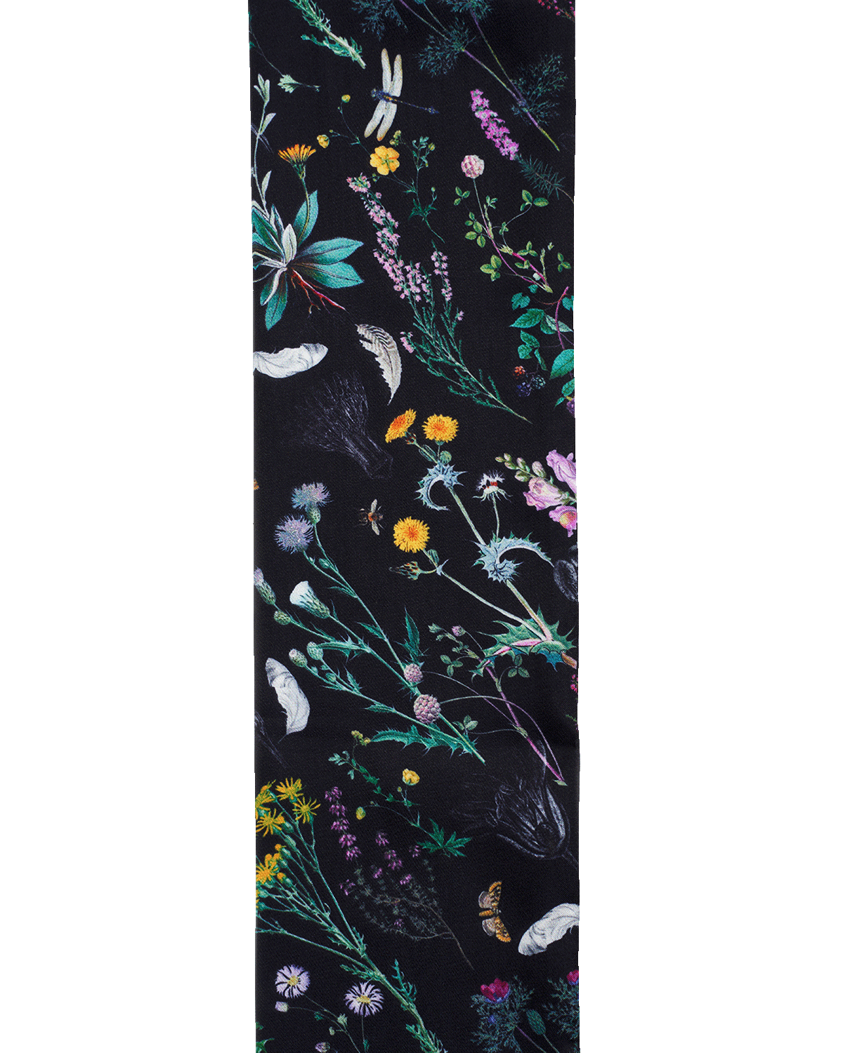 Floral and nature-themed tie with various plants and animals on a black background