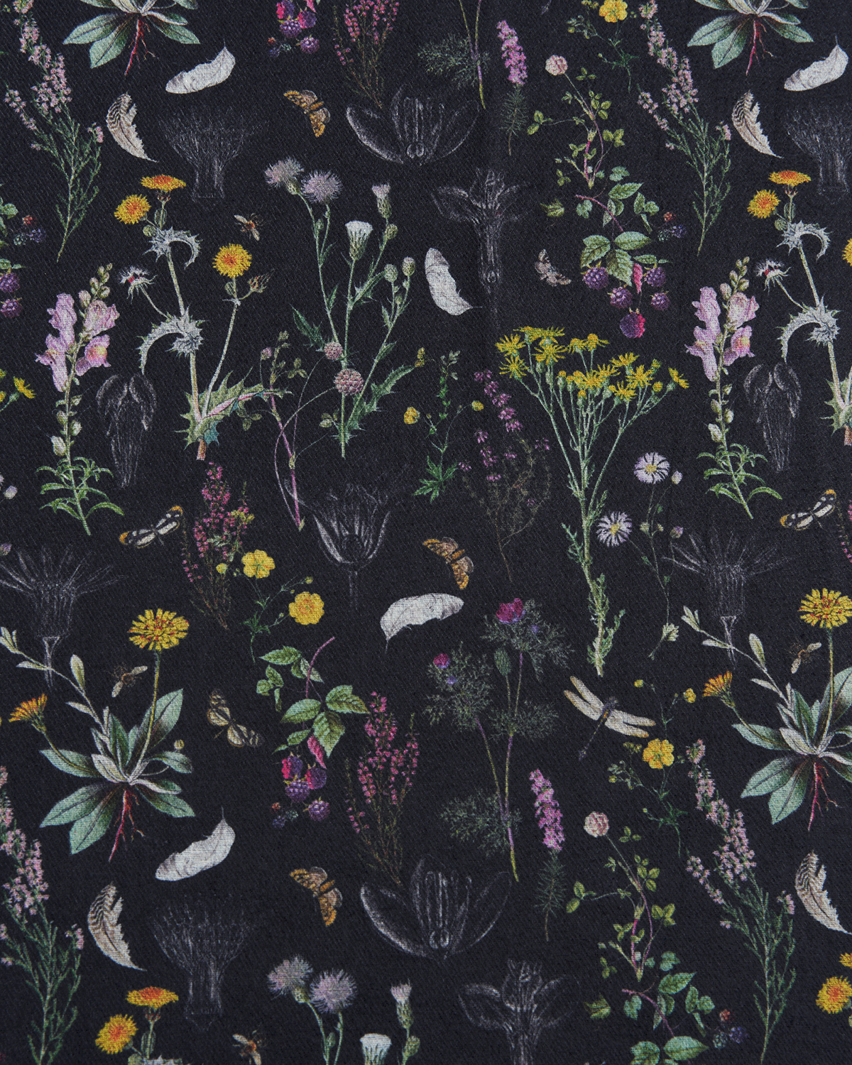 Floral and insect pattern on a dark background