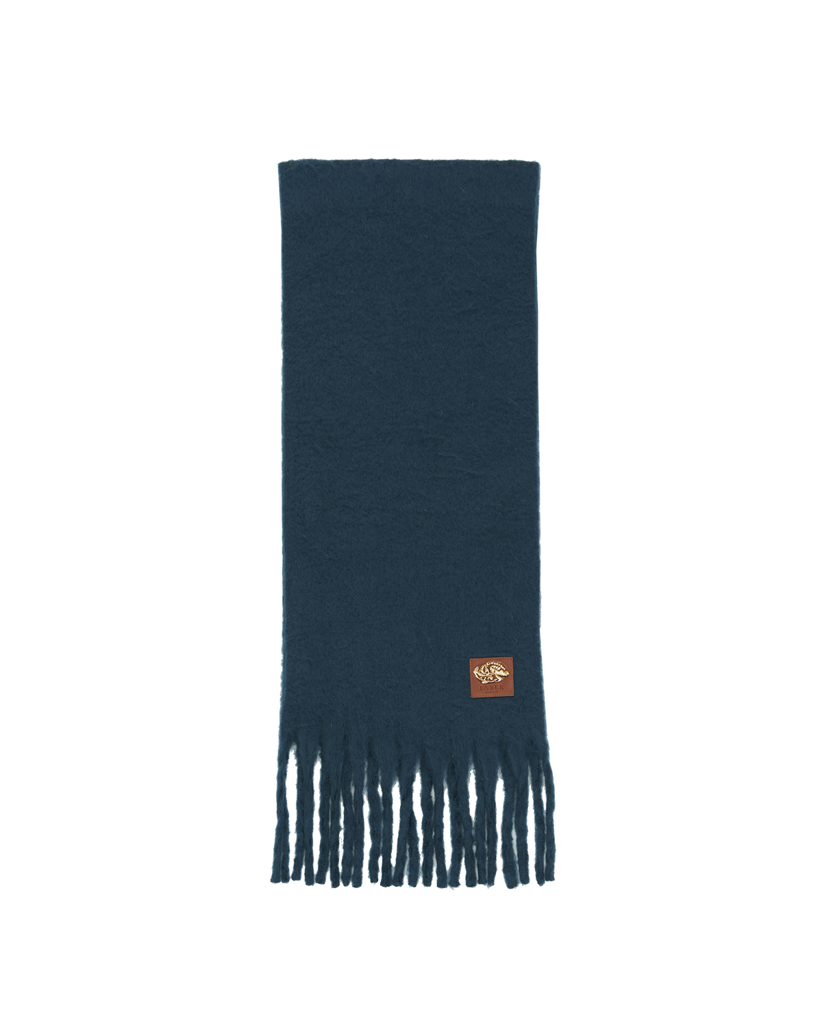 Teal blue scarf with fringe details on a white background