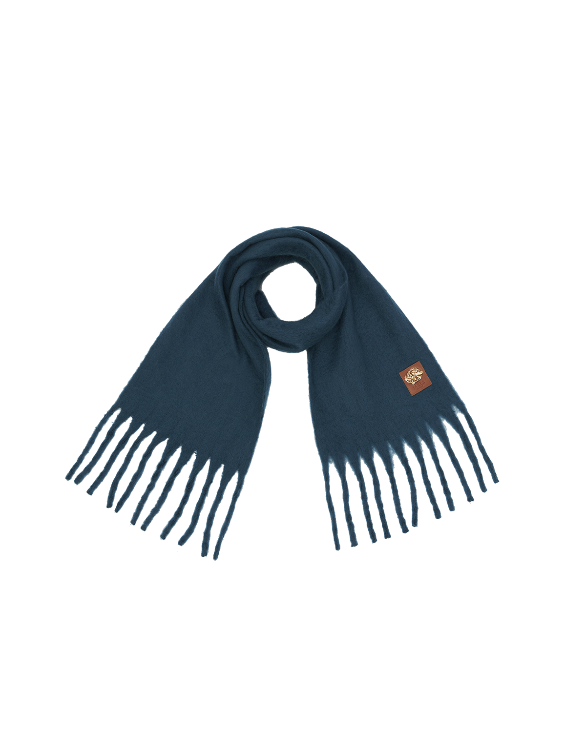 Teal blue scarf with fringe details on a white background