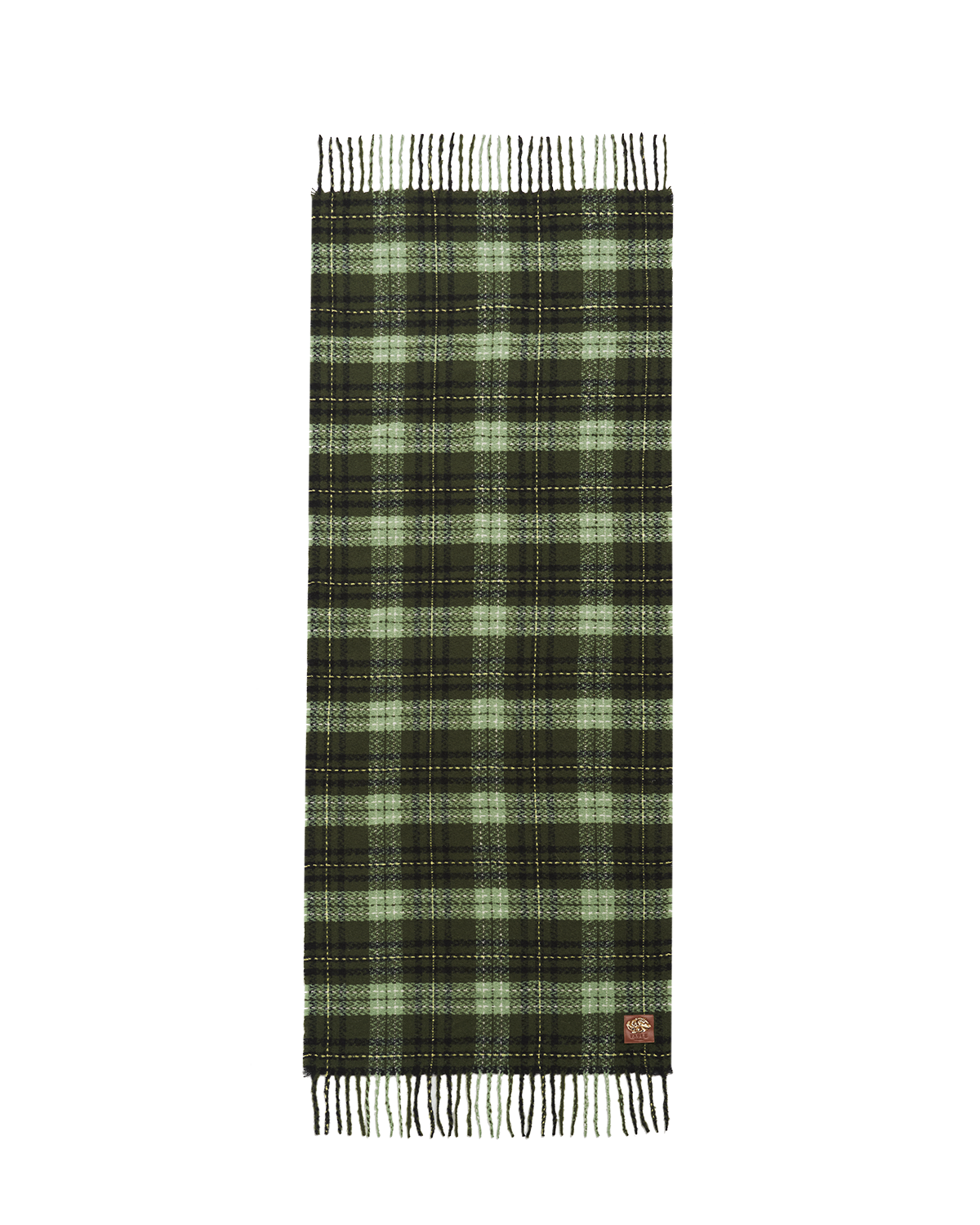Green plaid scarf with fringes on a white background
