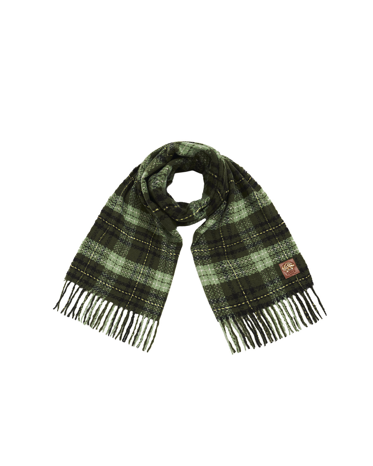 Green plaid scarf with fringes on a white background