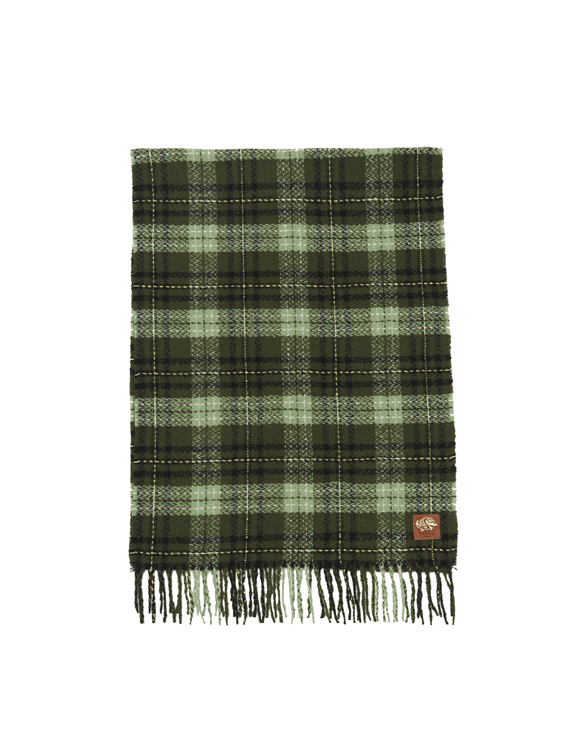 Green plaid blanket with fringes on a white background
