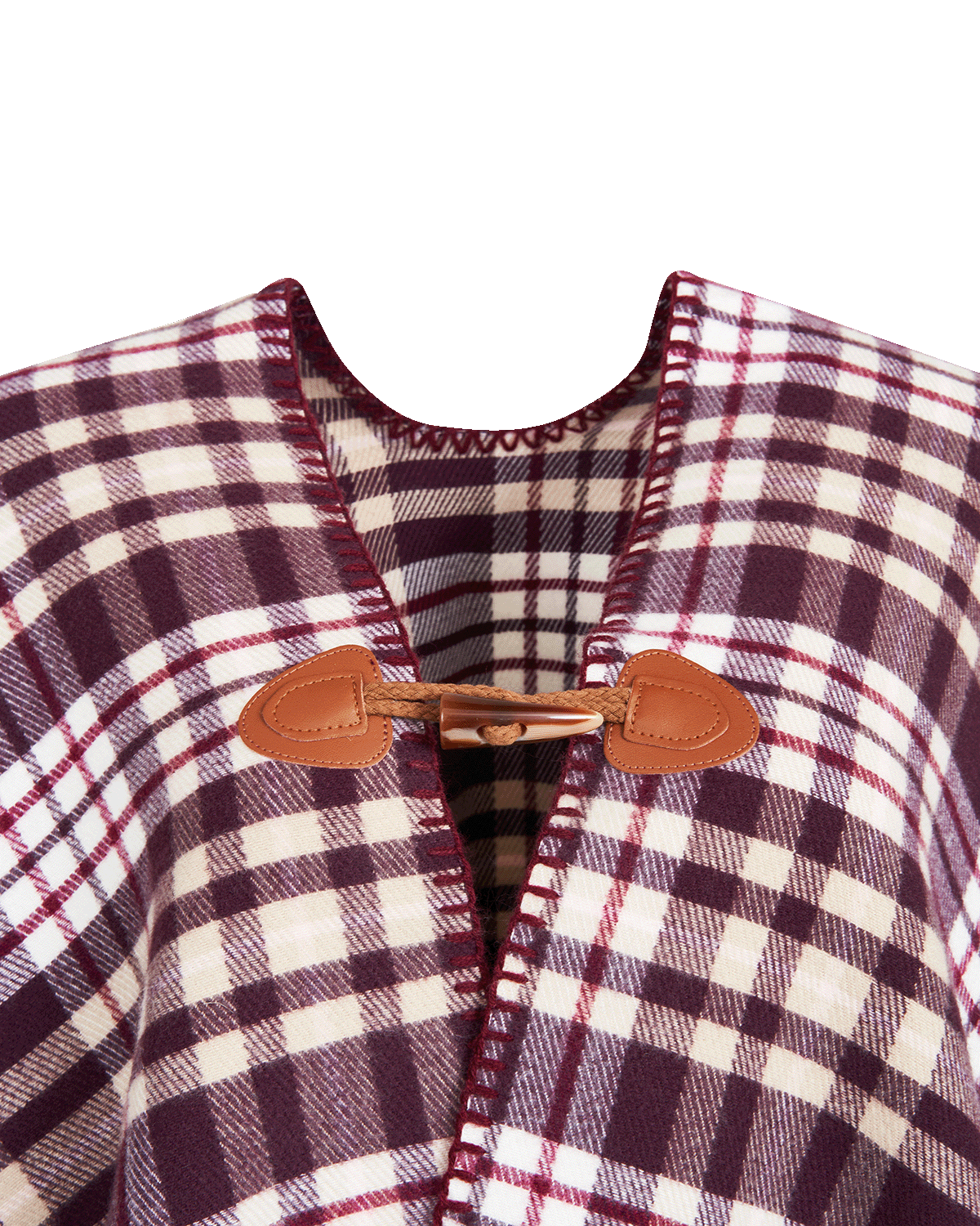 Plaid cape with alternative leather toggle on a white background