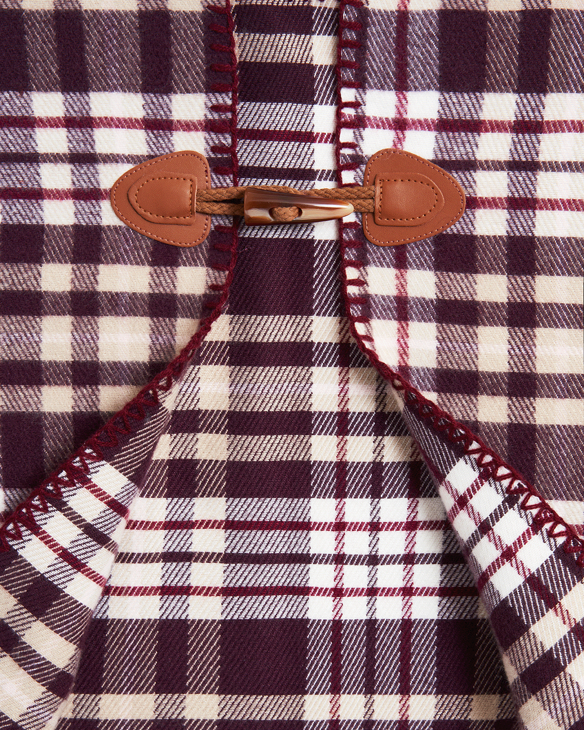 Close-up of a plaid fabric with a brown button and stitching detail.