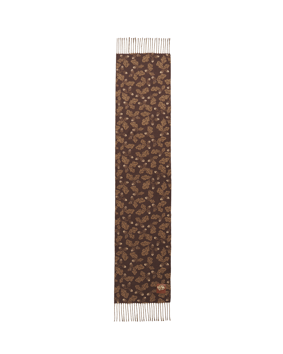 Brown patterned scarf with white trim on a white background