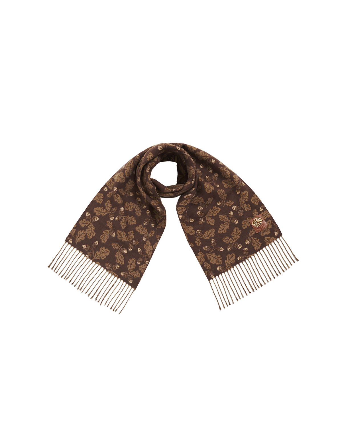 Brown patterned scarf with metallic fringe on a white background
