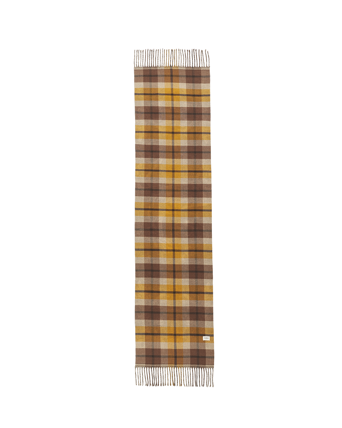 Plaid scarf with brown and yellow pattern on a white background
