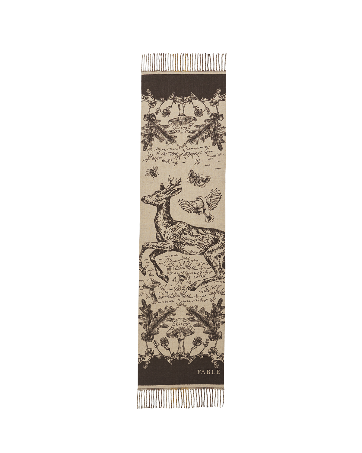 Scarf with deer and mushroom design on a white background