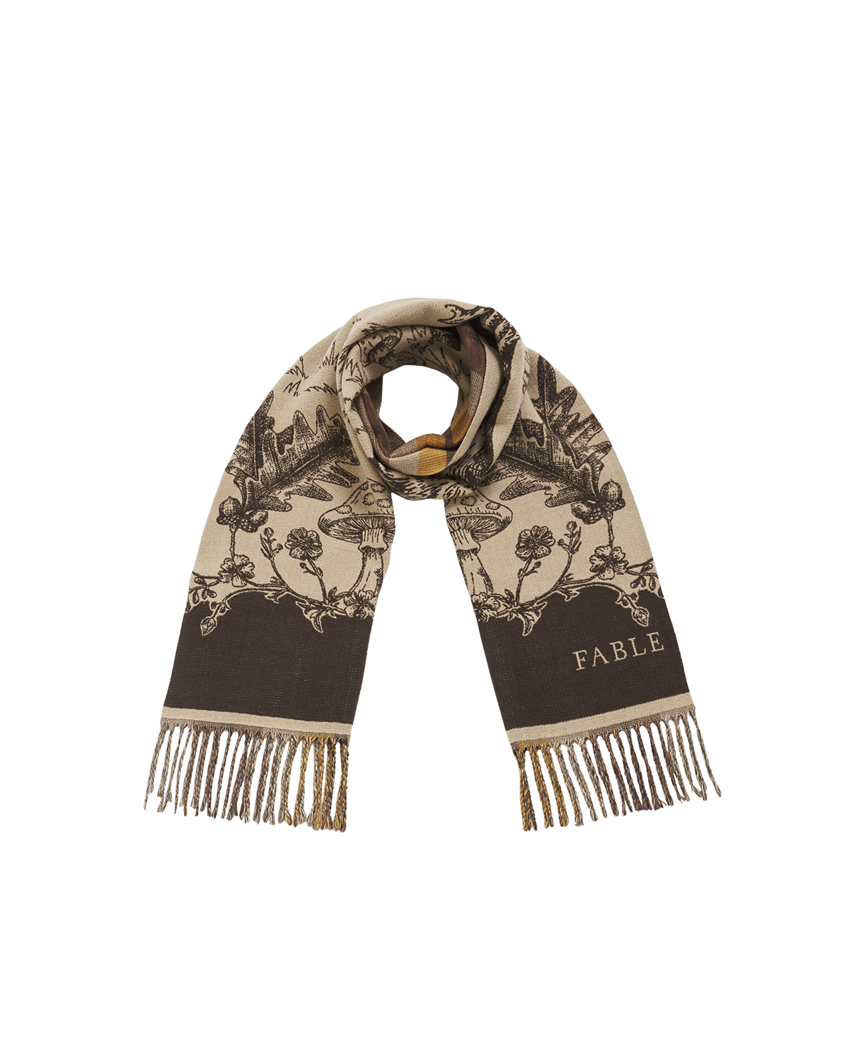 Scarf with floral pattern and 'FABLE' branding on a white background