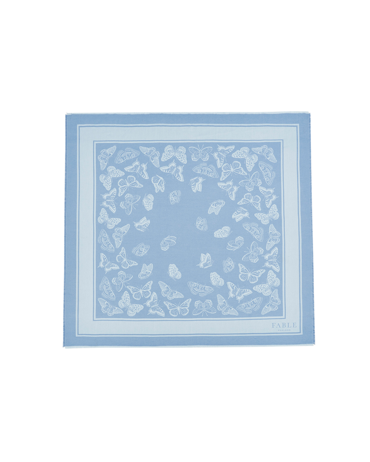 Blue scarf with white butterfly pattern on a white background