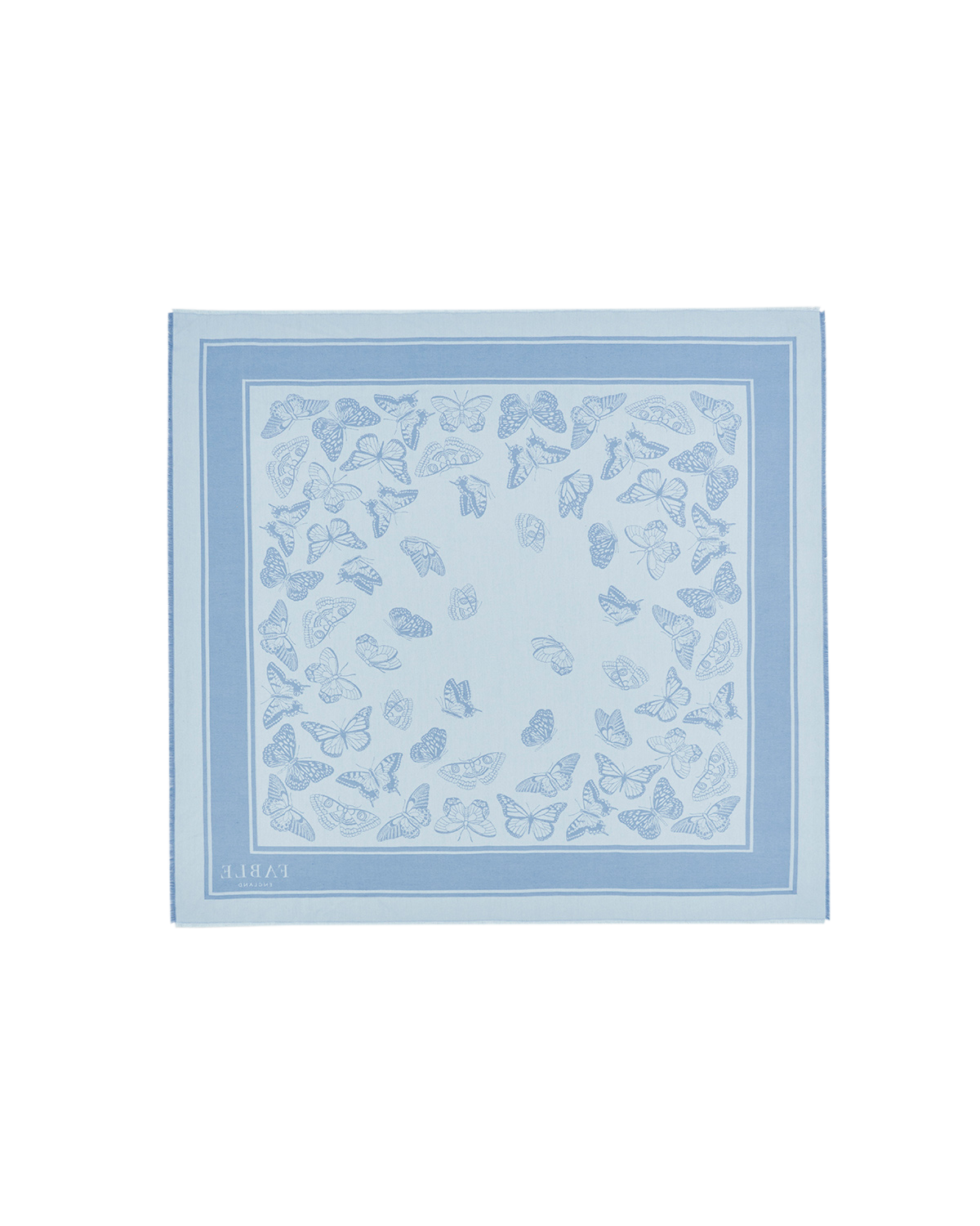 Light blue scarf with butterfly pattern on a white background