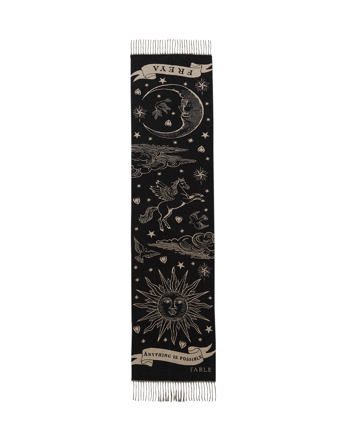 Black scarf with celestial designs and text on a white background