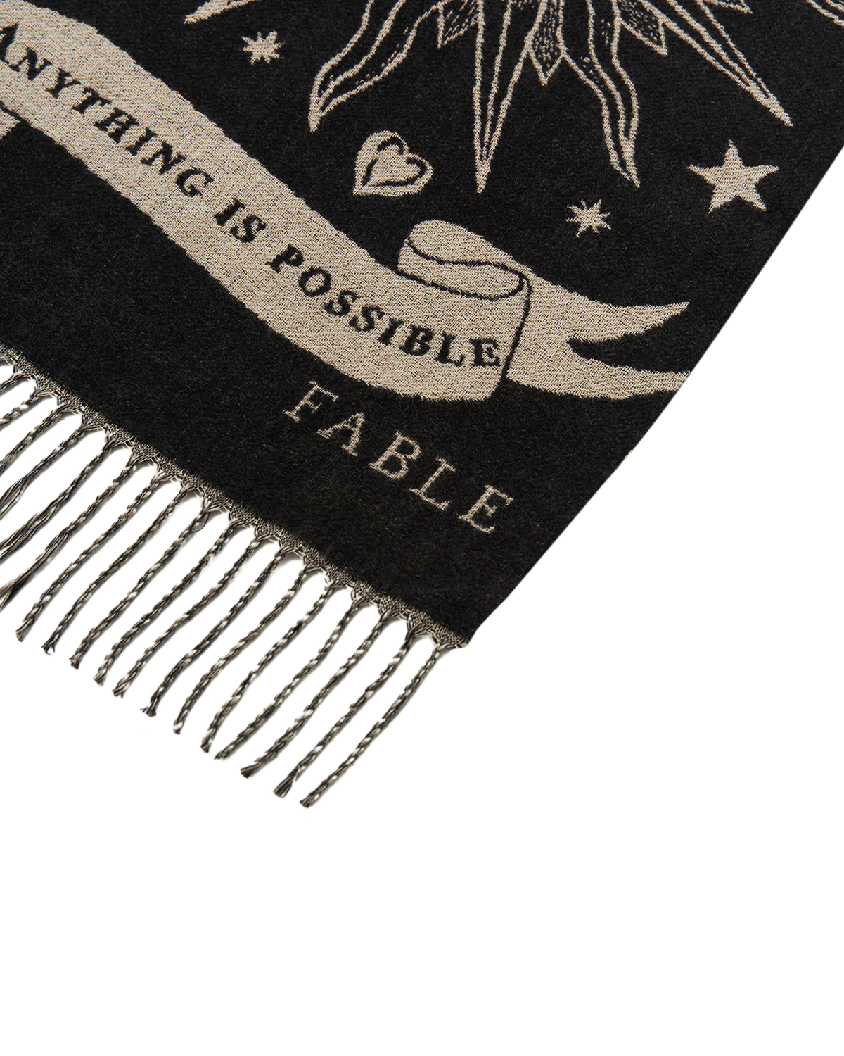 Black scarf with 'Anything is Possible Fable' text and decorative elements on a white background