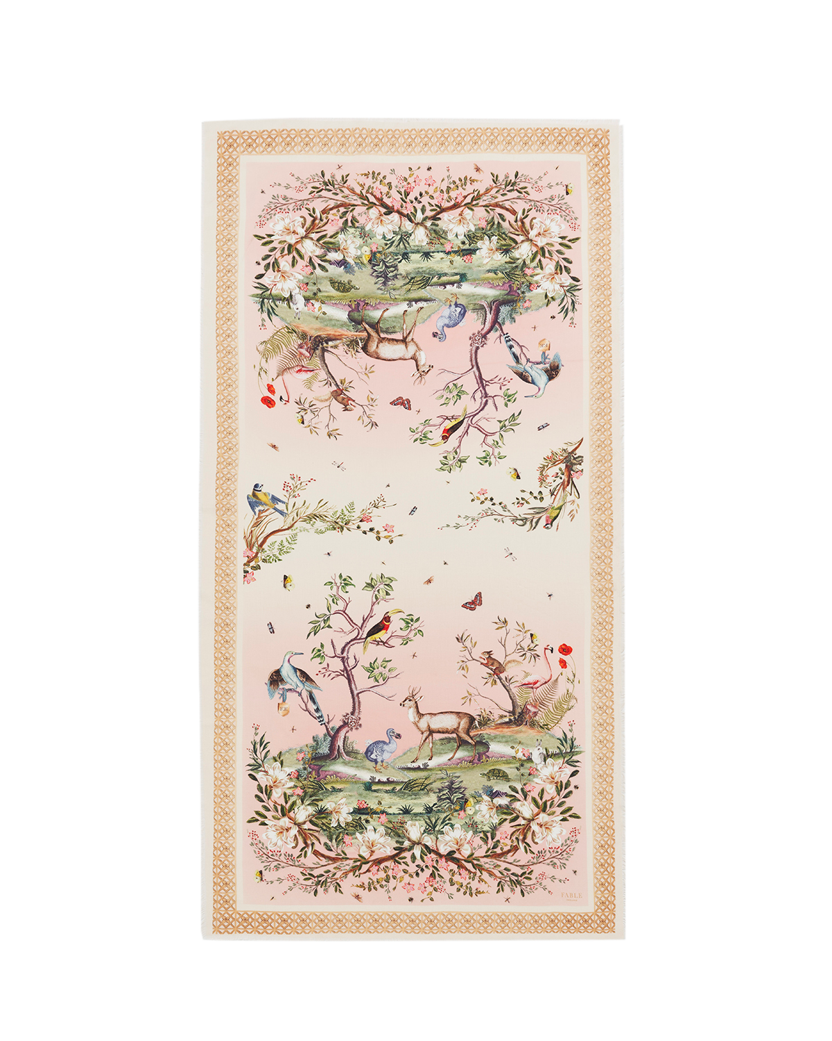 Decorative scarf with nature-themed design featuring birds, deer, and trees on a pink background.