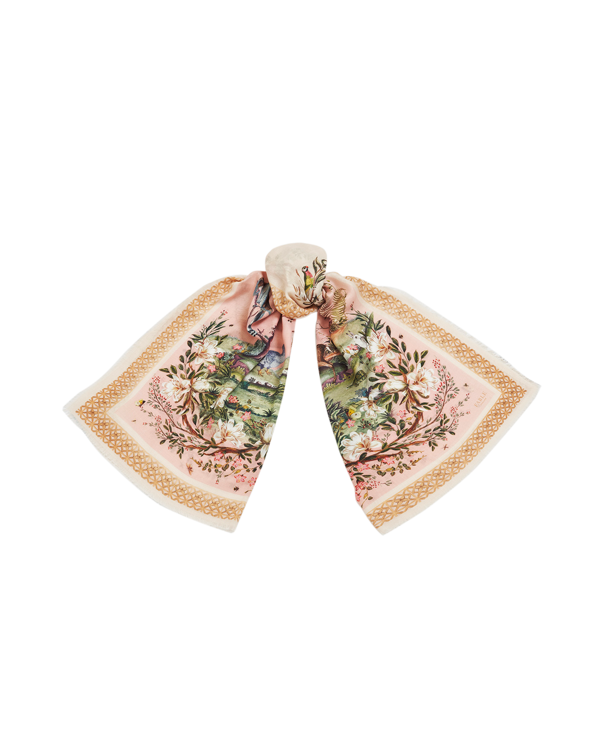 Decorative scarf with floral and bird pattern on a white background