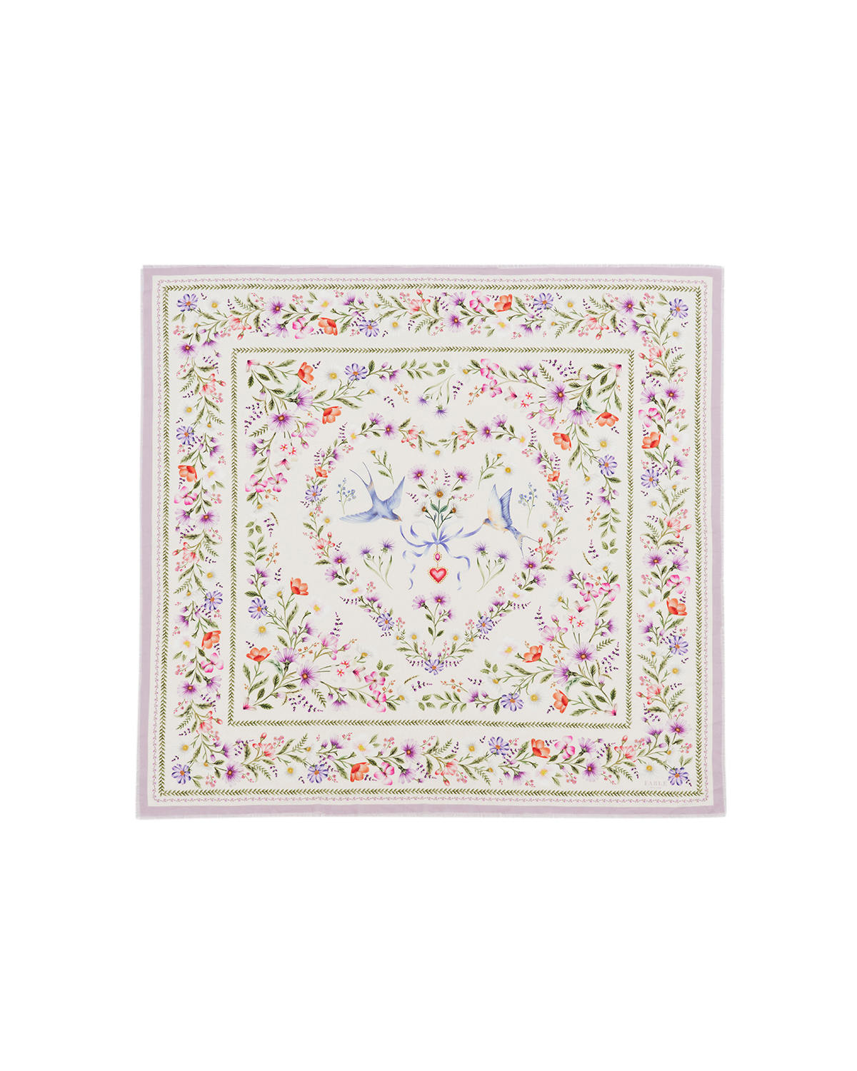 Decorative square scarf with floral and bird pattern on a white background