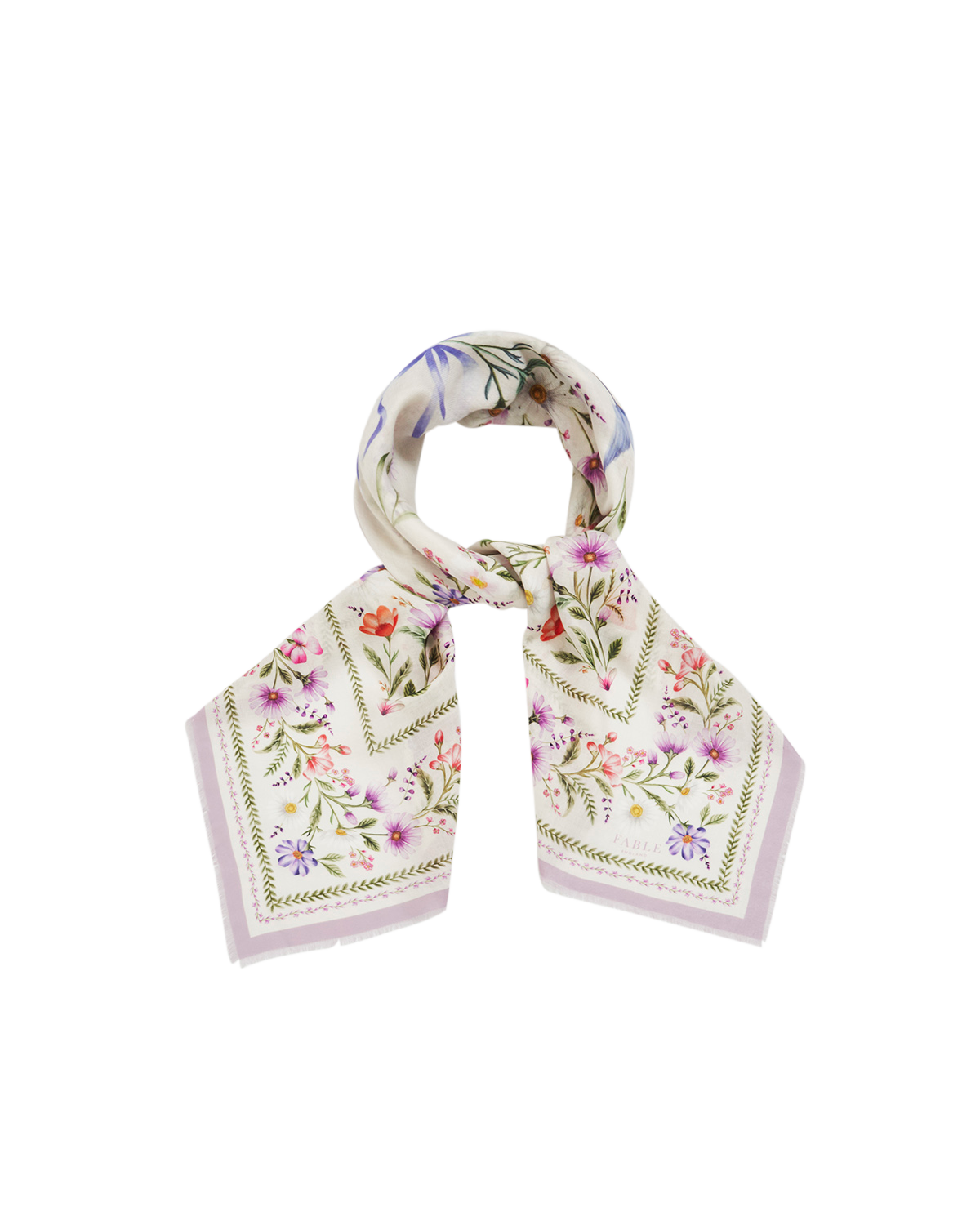 Cream Forget Me Knot Narrative Square Scarf with colorful floral print and frayed hems on a white background.