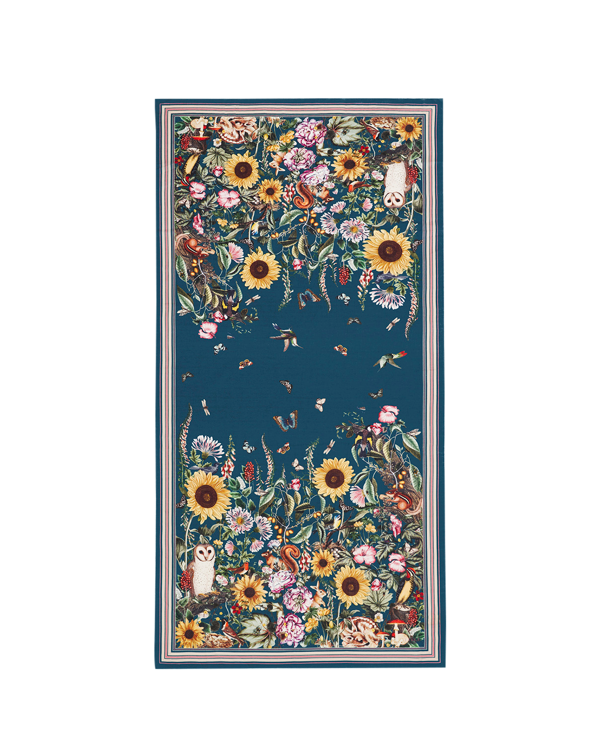 Decorative scarf with floral and animal pattern on a blue background