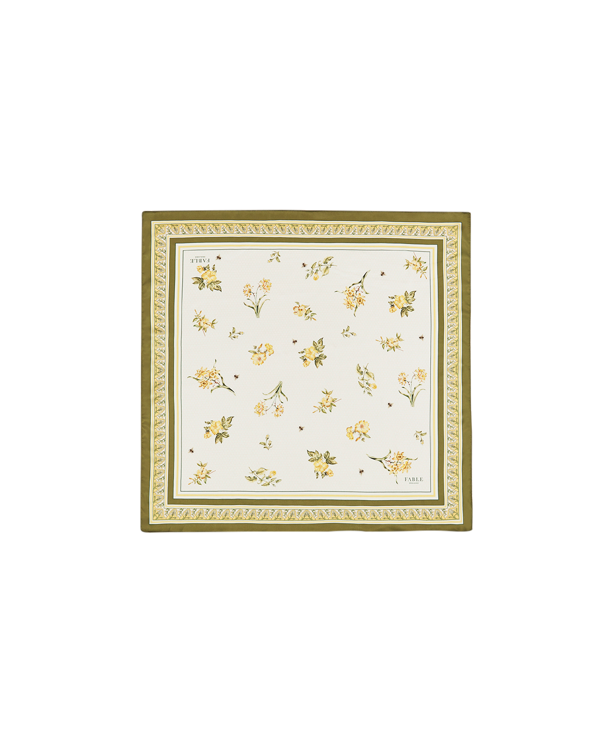 Floral patterned fabric square with a gold border on a white background