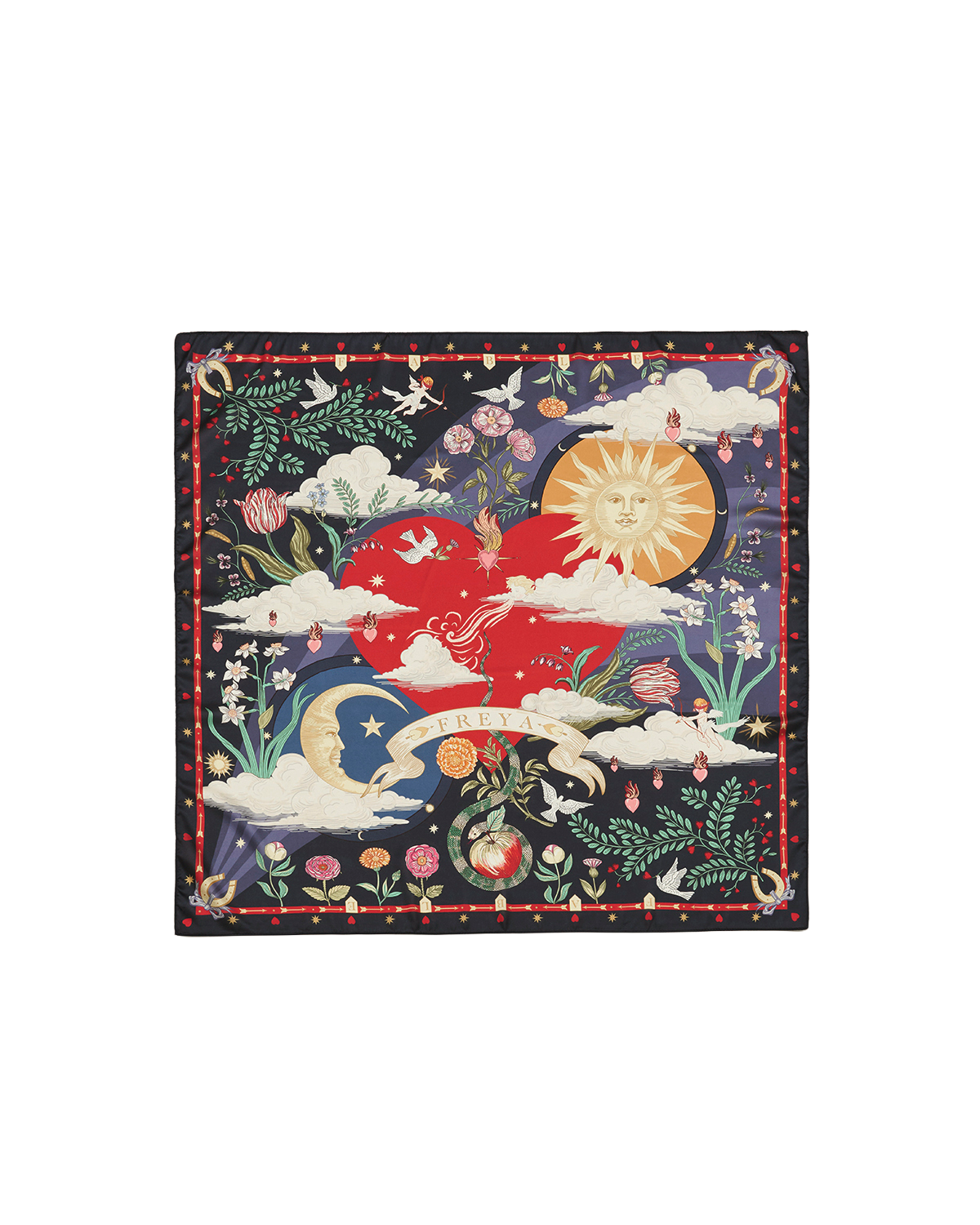 Decorative square scarf with celestial design featuring sun, moon, and stars on a white background.