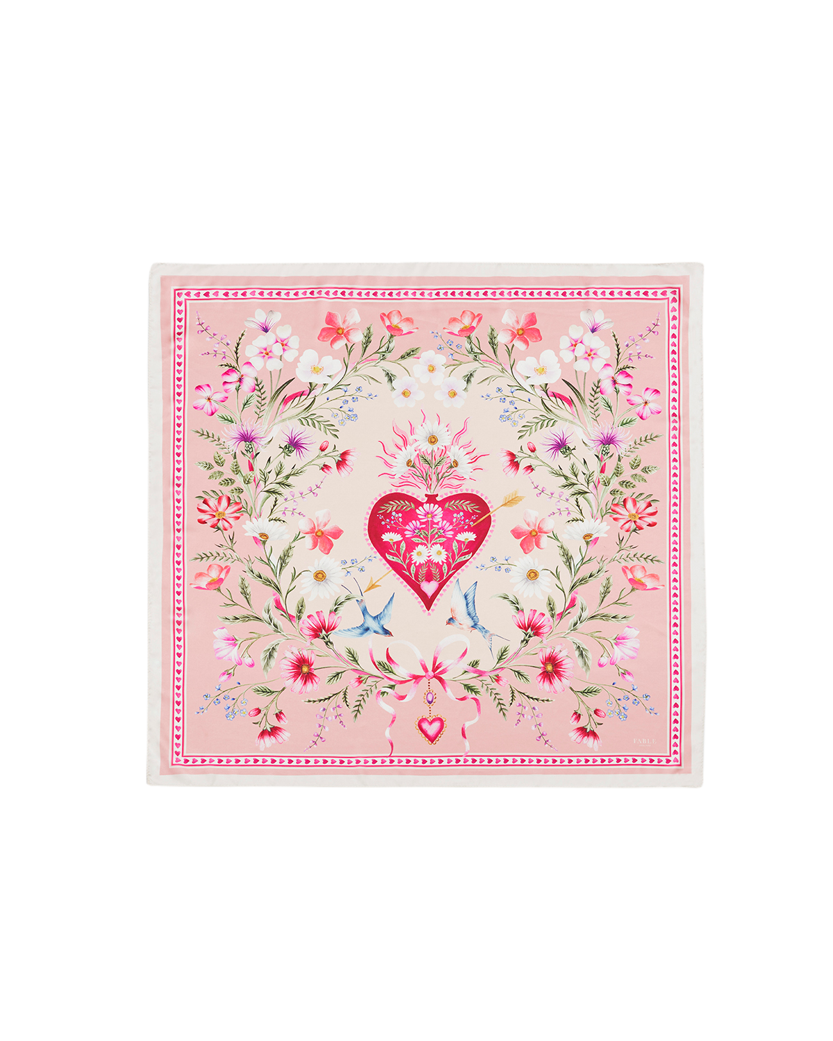 Pink Penelope Square Scarf featuring colorful flowers, bows, and hearts on a soft pink background.