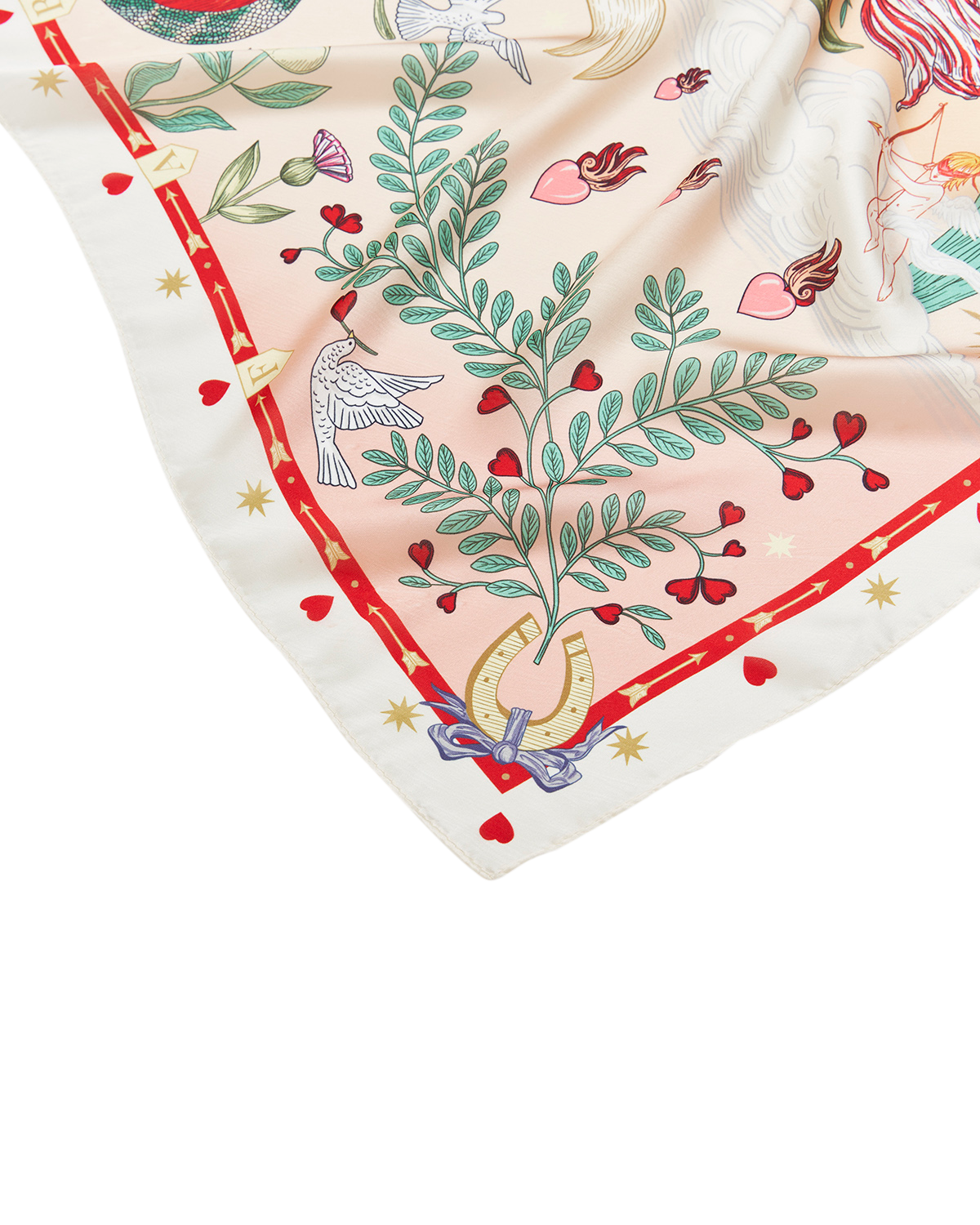 Decorative scarf with floral and leaf patterns on a white background