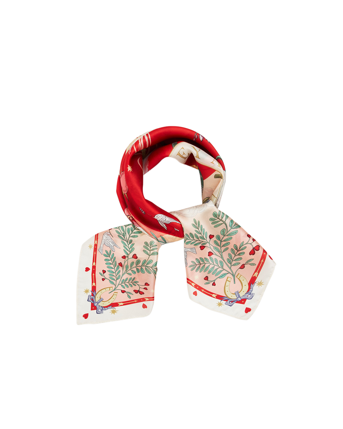 Decorative scarf with floral and leaf patterns on a white background