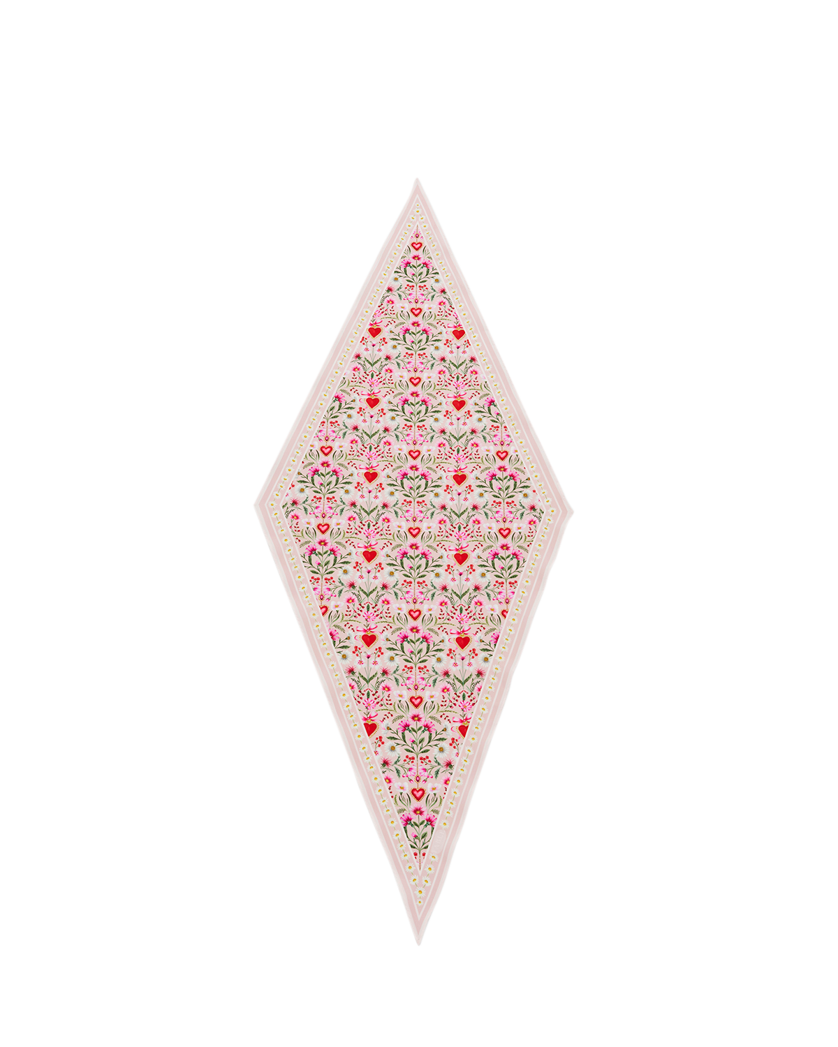 Decorative diamond-shaped scarf with floral pattern on a white background