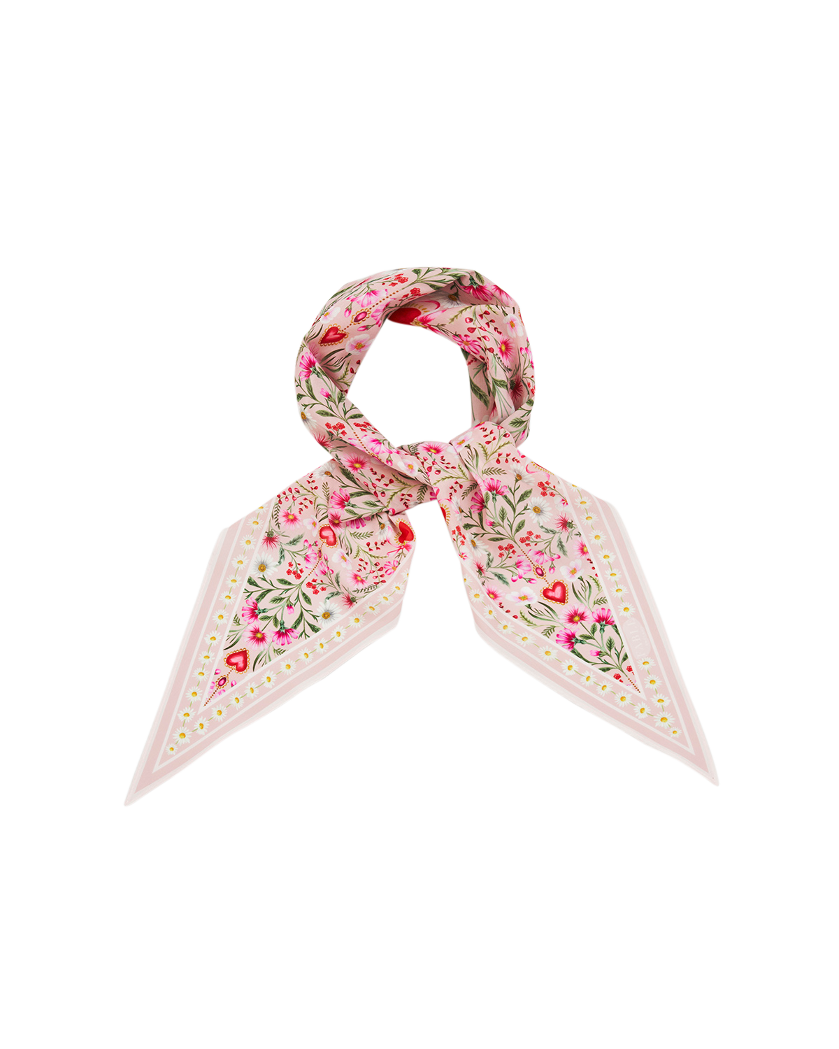 Floral patterned scarf tied in a knot on a white background