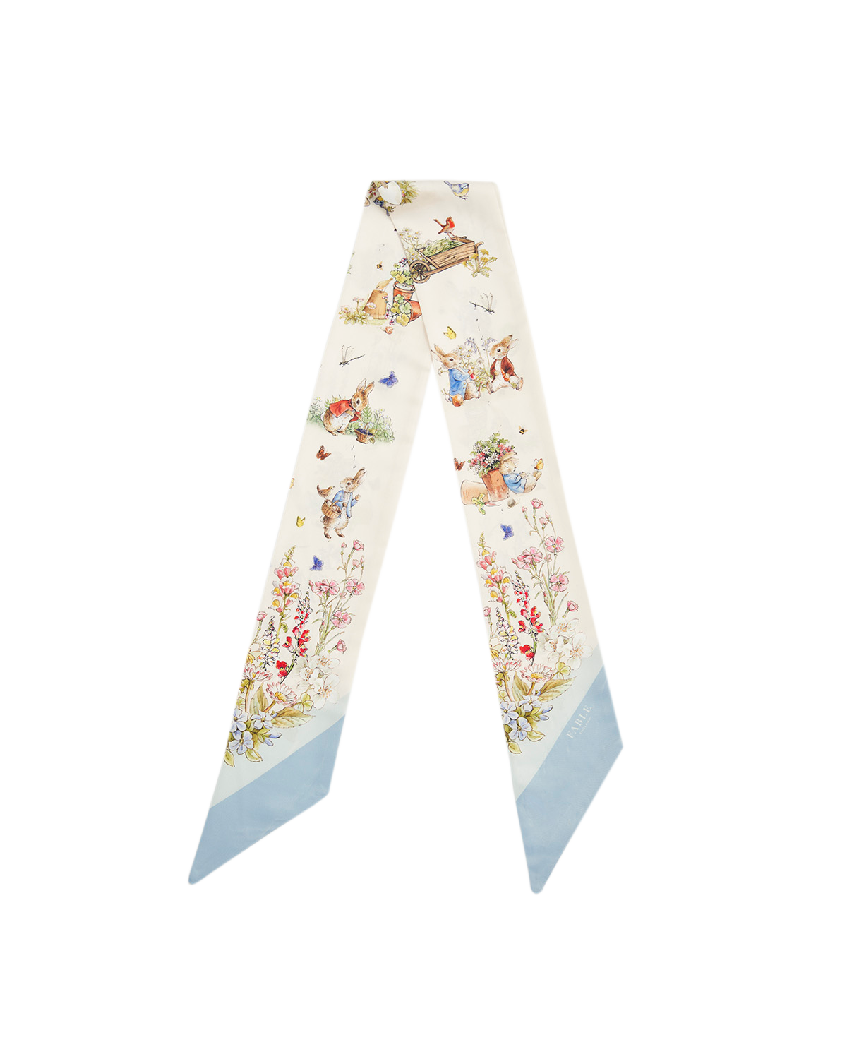 cream skinny scarf with peter rabbit illustrations with blue edge