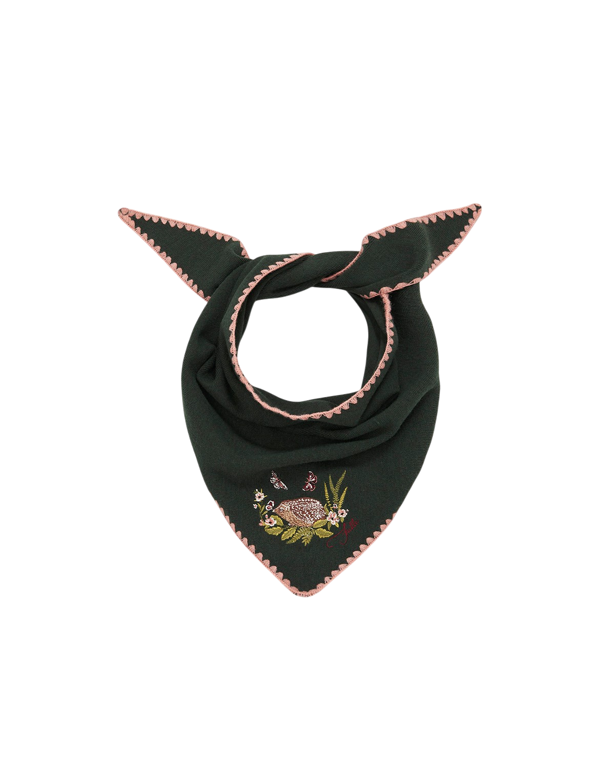 Hedgehog Embroidered Knitted Triangle Scarf in Forest Green