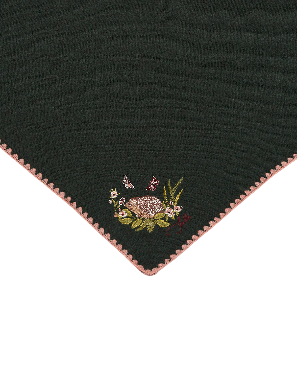 Hedgehog Embroidered Knitted Triangle Scarf in Forest Green