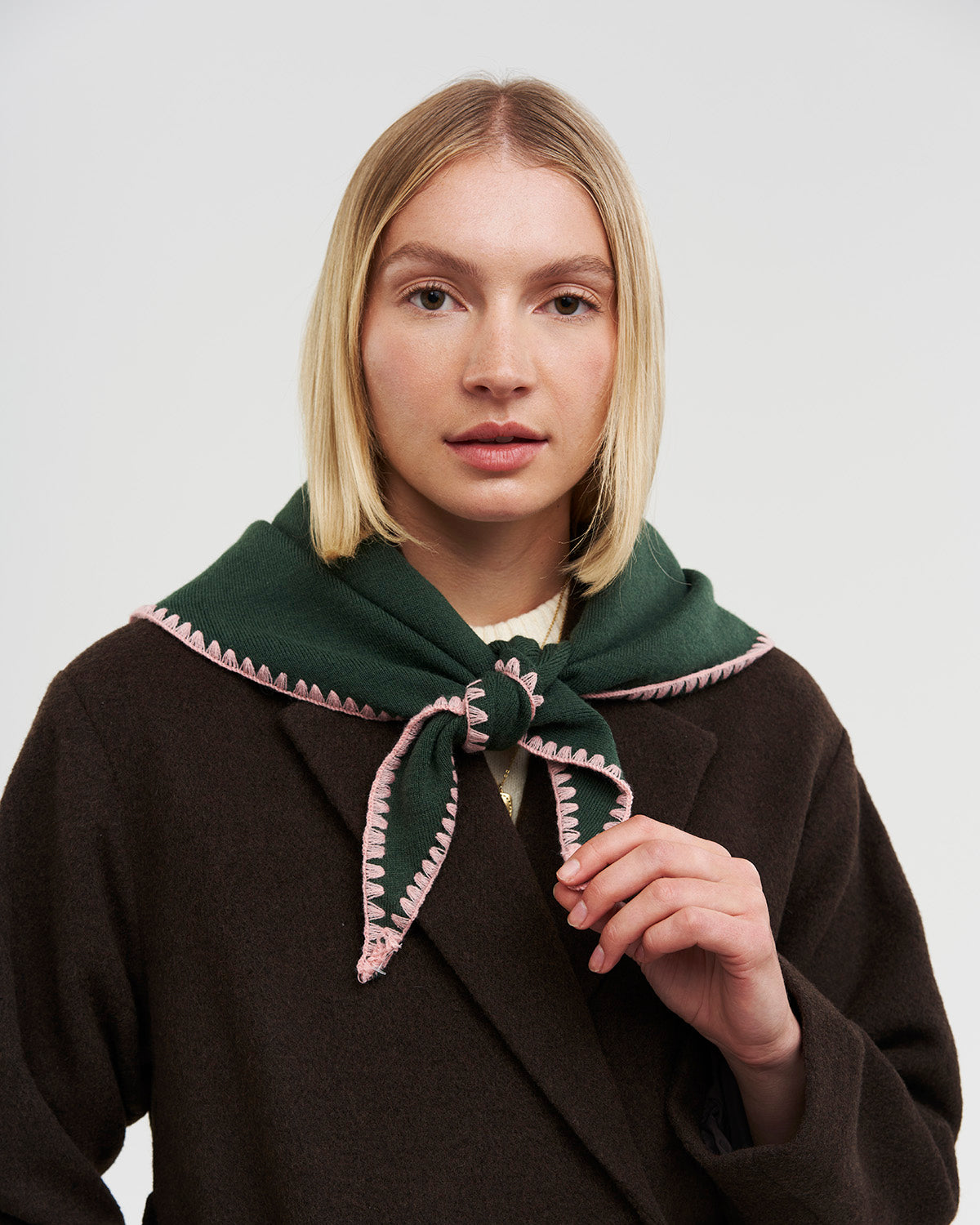 Hedgehog Embroidered Knitted Triangle Scarf in Forest Green