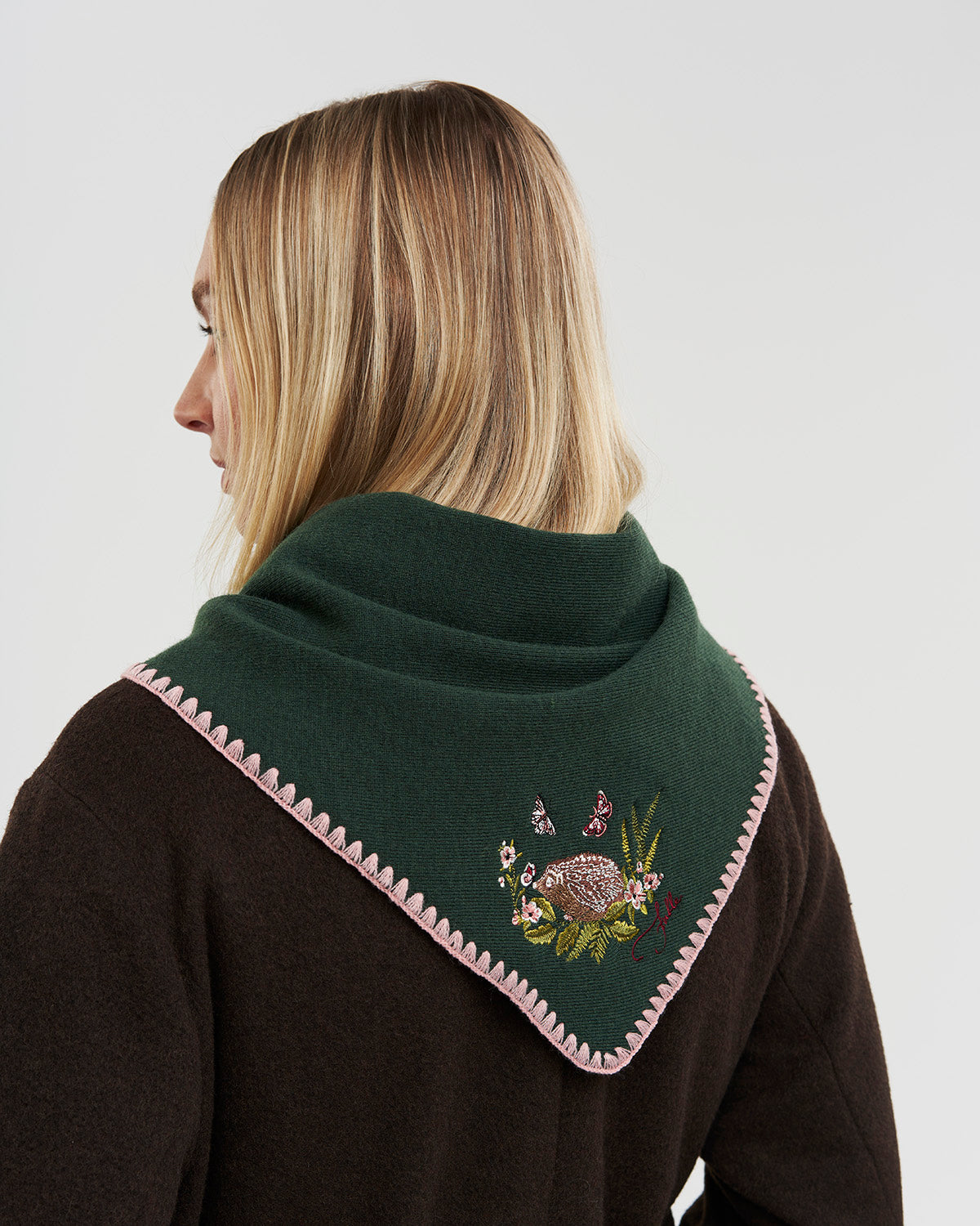 Hedgehog Embroidered Knitted Triangle Scarf in Forest Green