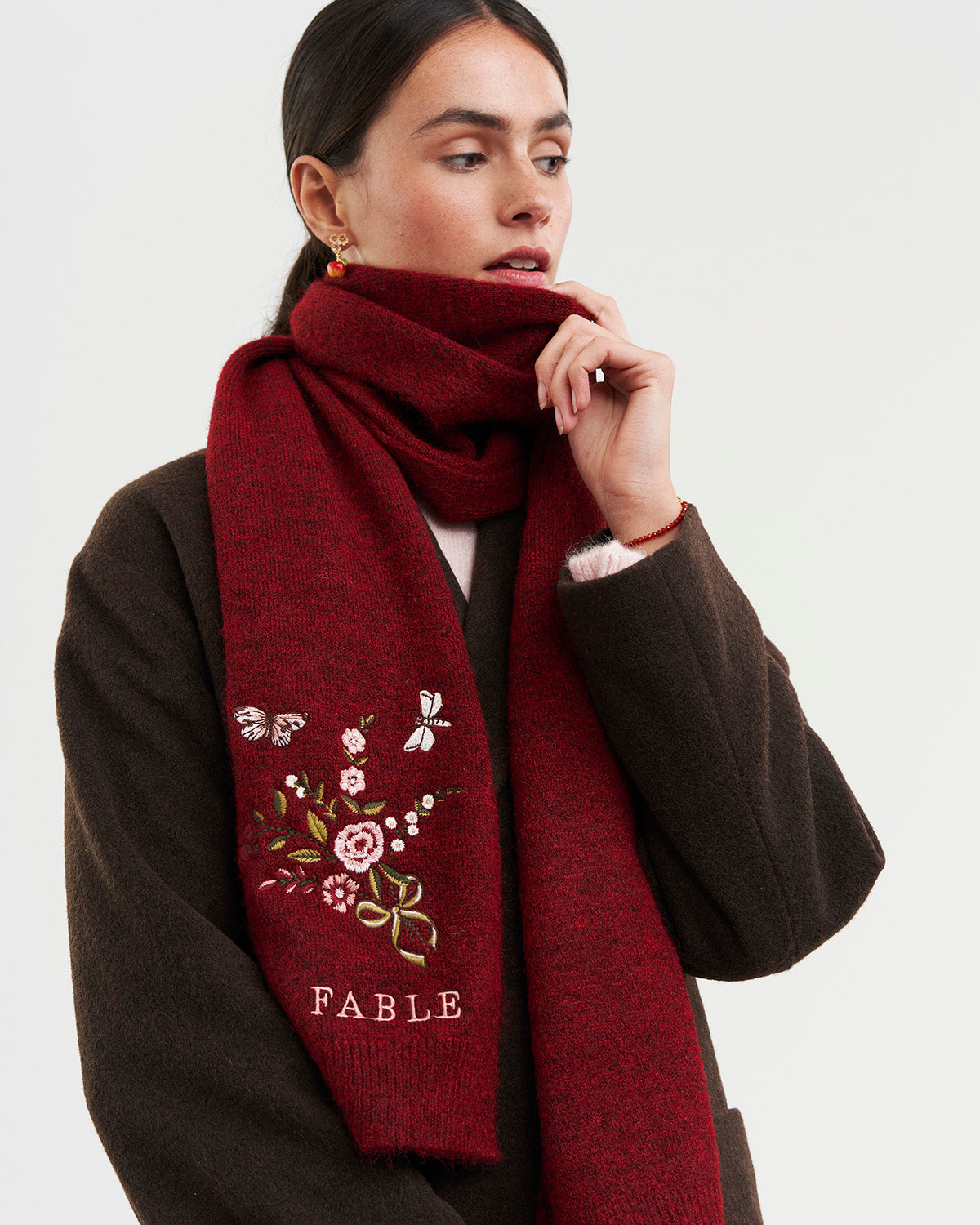 Sciarpa Lavorata a Maglia Ricamata Eve Floral in Rosso Melange