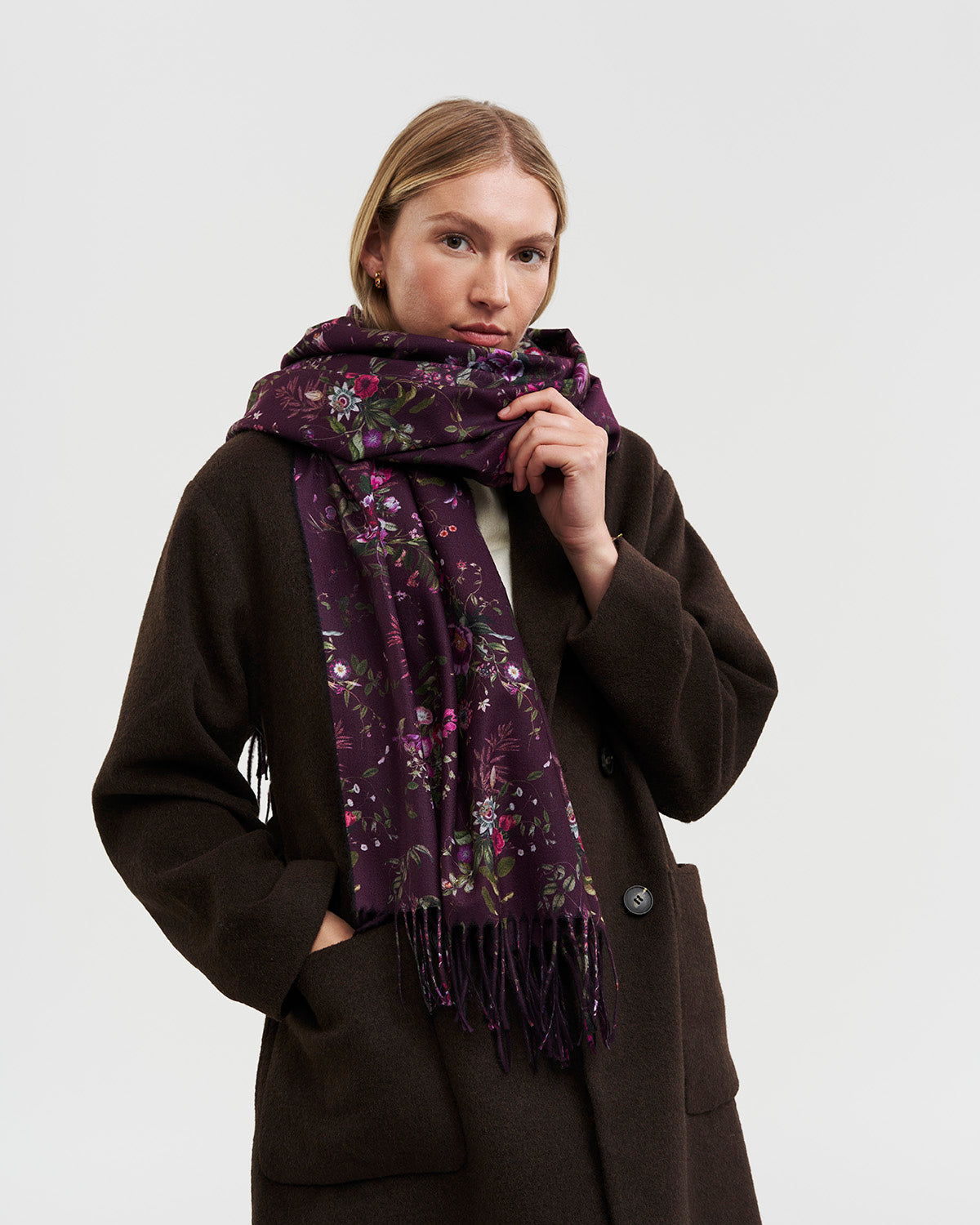 Eve Floral Long Fringed Scarf in Burgundy