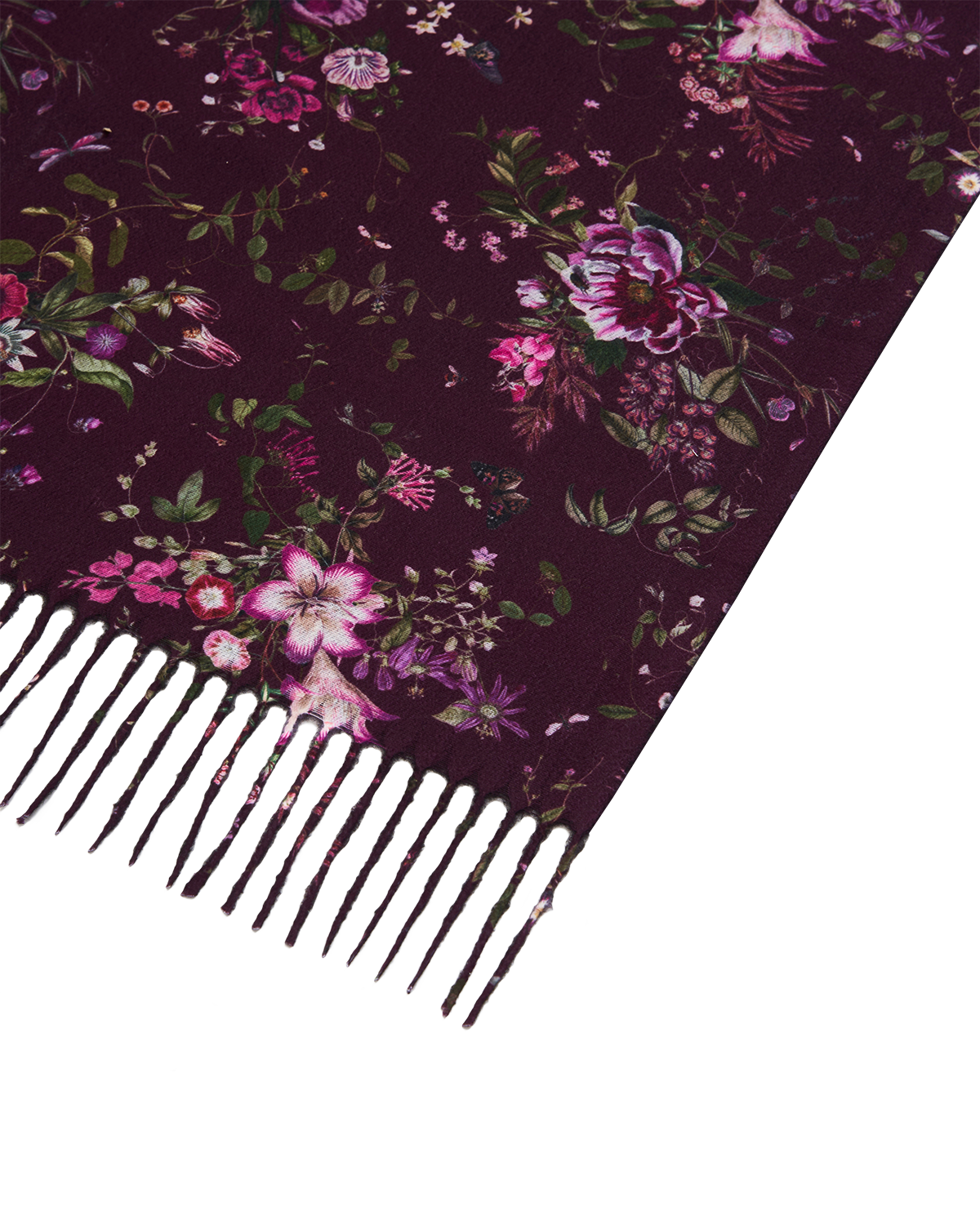 Eve Floral Long Fringed Scarf in Burgundy