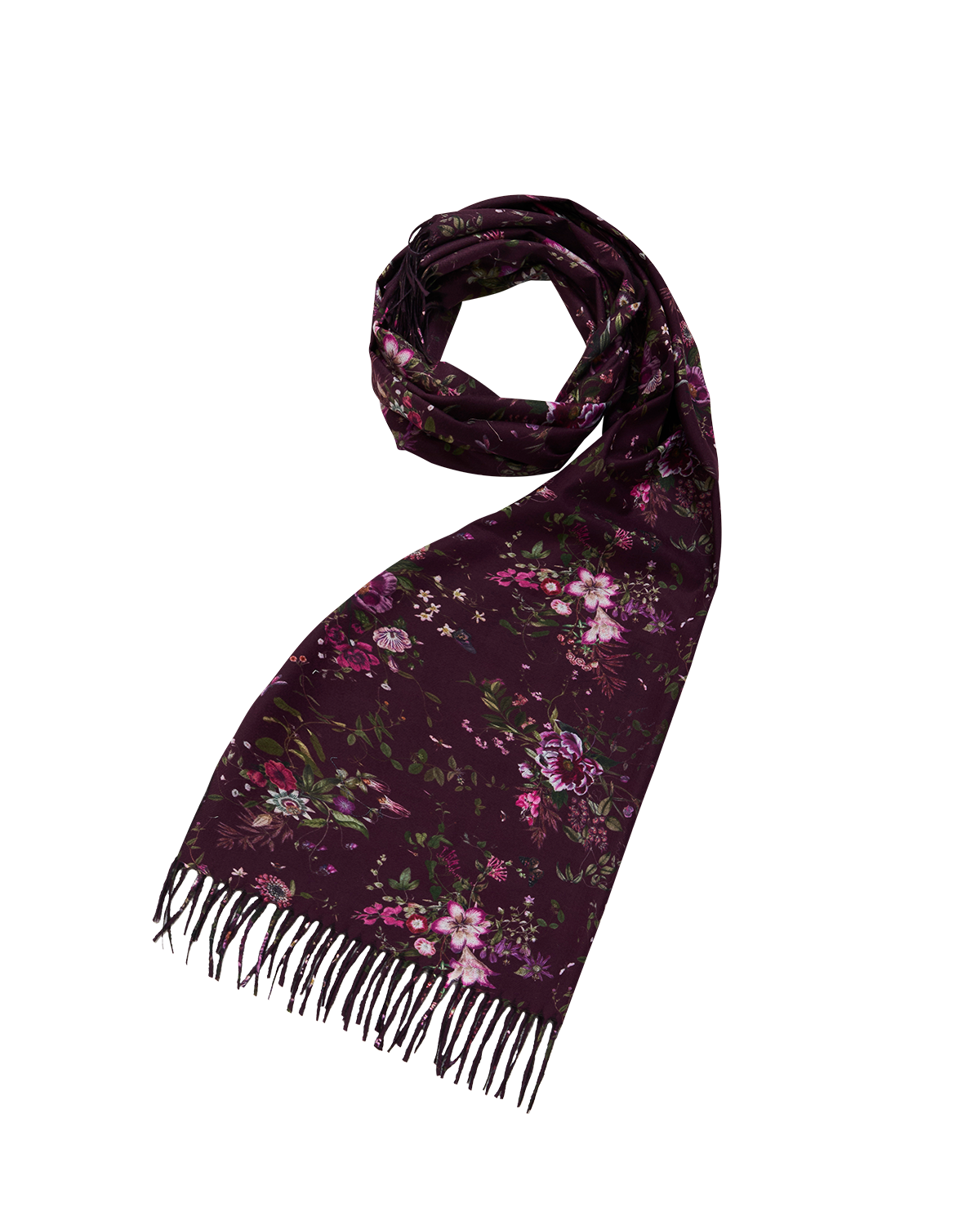Eve Floral Long Fringed Scarf in Burgundy