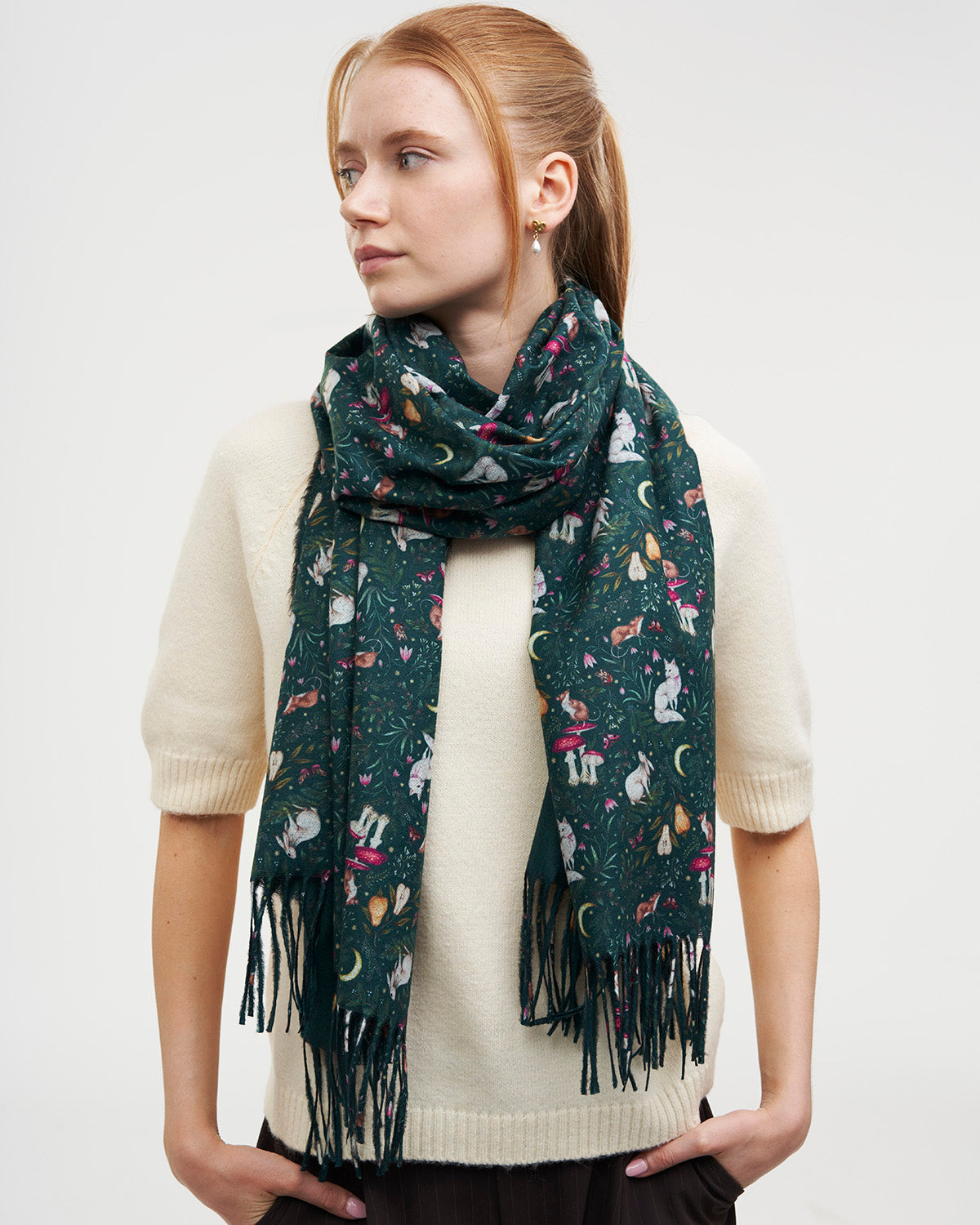 Niva Long Fringed Scarf in Forest Green