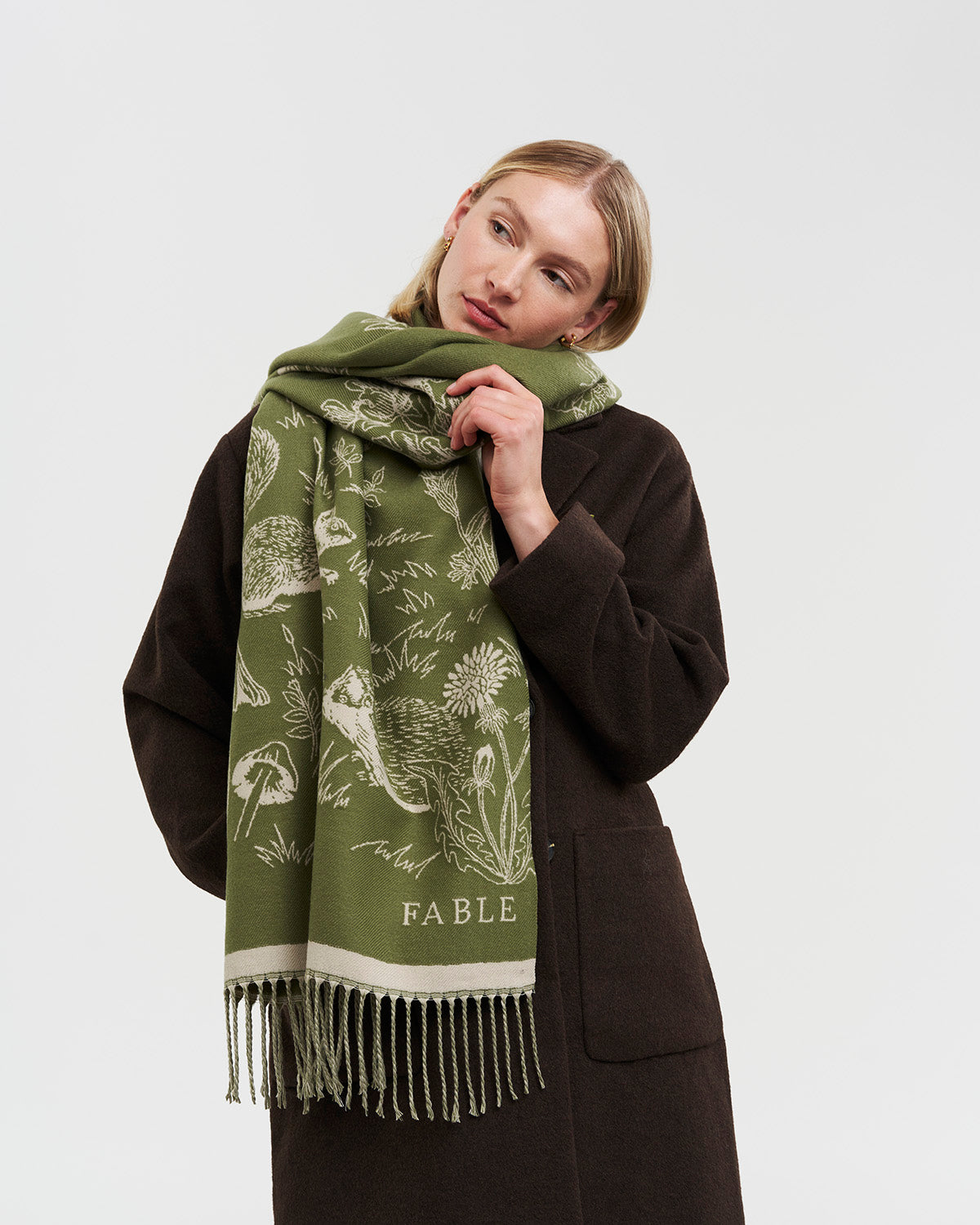 Woodland Scene Check Long Jacquard Scarf in Khaki