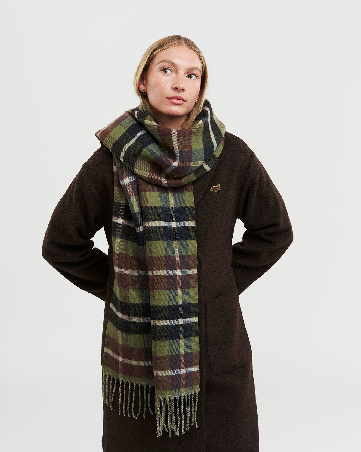 Woodland Scene Check Long Jacquard Scarf in Khaki